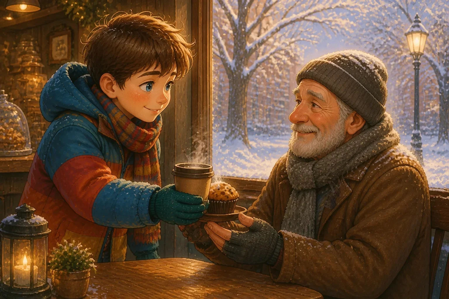A cheerful boy carrying a tray with a steaming cup of cocoa and a muffin, smiling at an elderly man in a cozy cafe filled with winter decorations.