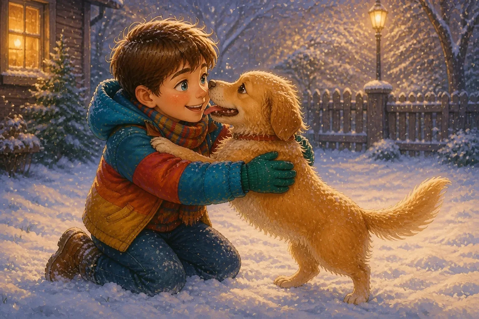 A joyful young boy in winter clothes kneeling as his dog, Buddy, happily runs toward him amidst falling snow, tail wagging.