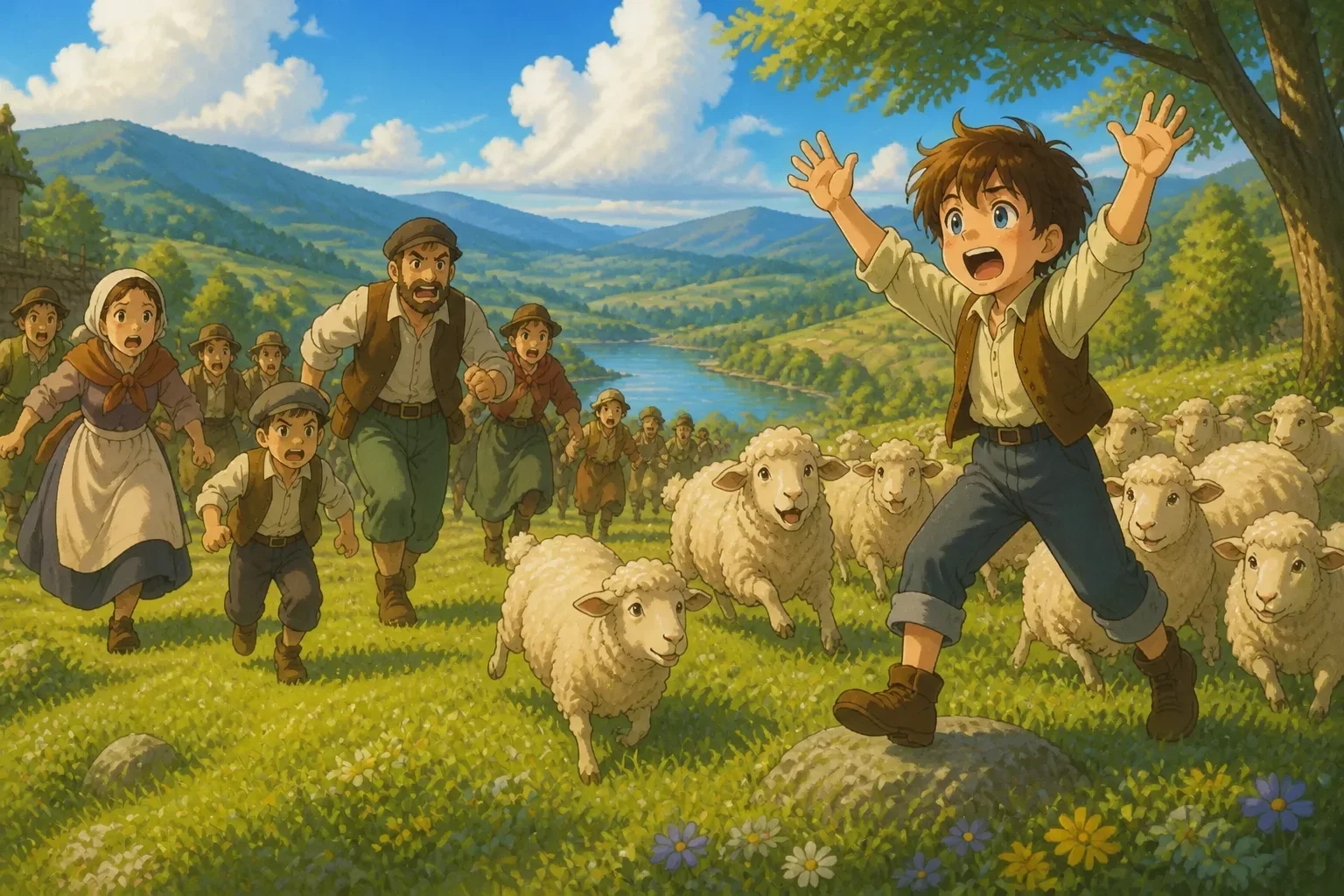 Young boy shouting 'Wolf! Wolf!' loudly in a meadow with villagers running toward him, looking worried. The boy is standing on a small hill, gesturing frantically.