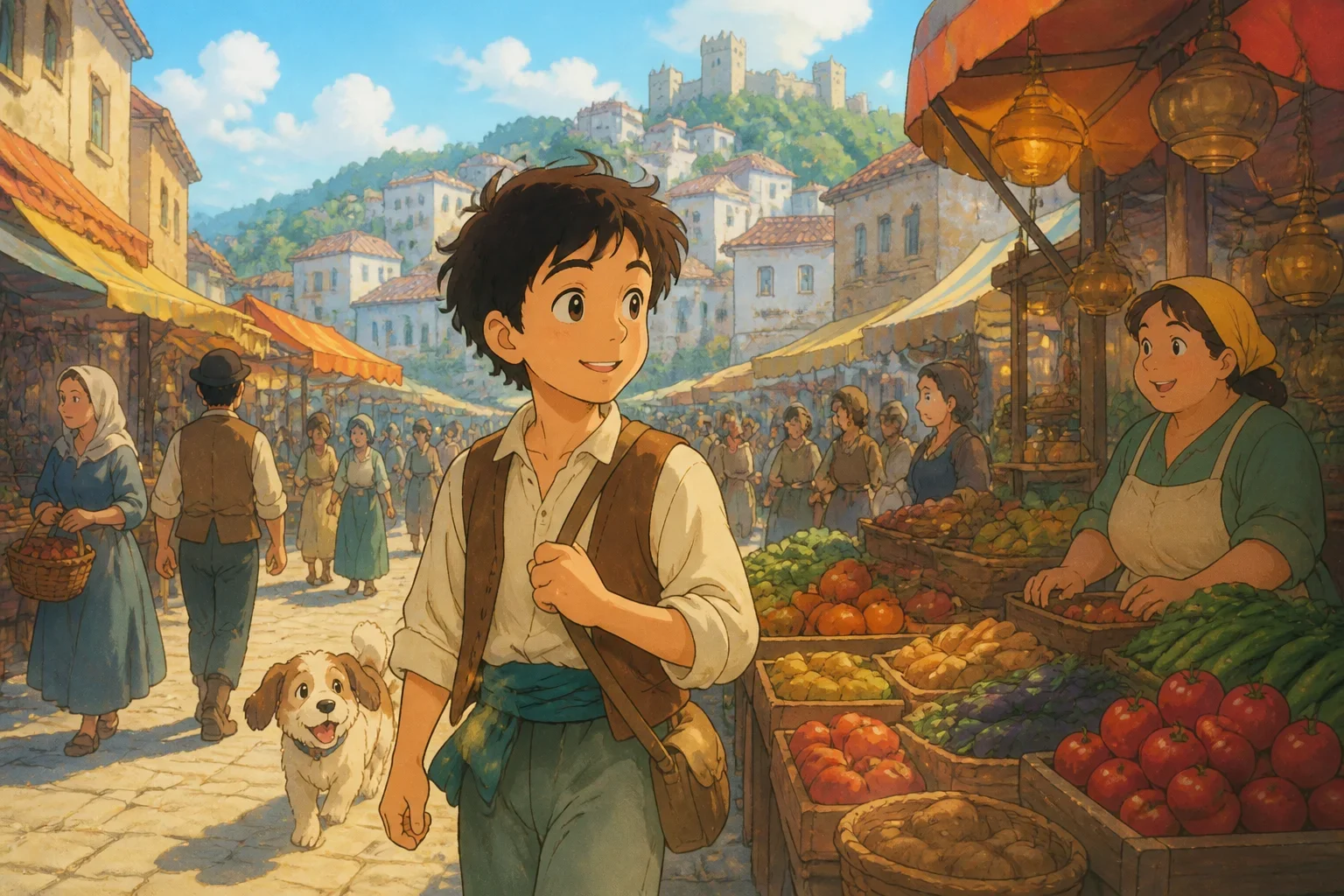 A young boy named Eli stands in a busy marketplace with colorful stalls and cheerful shoppers, reflecting his humble beginnings.