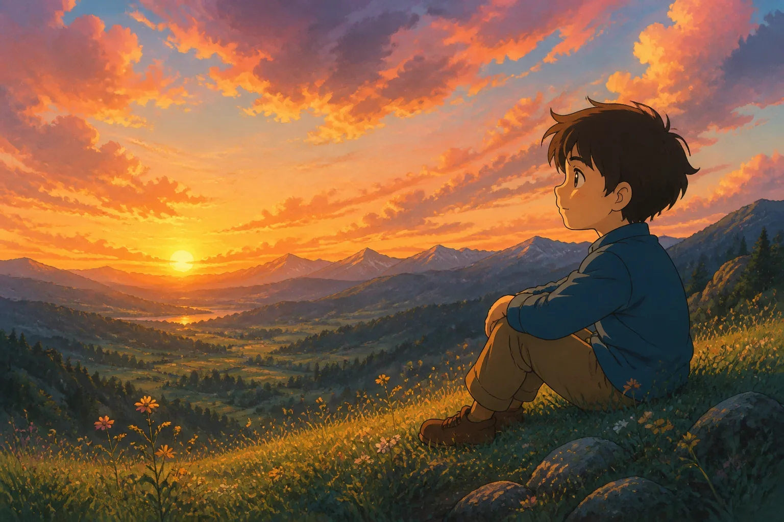 A young boy sitting cross-legged on a grassy hilltop, gazing up at a vast sky with a hopeful expression as the sun sets behind distant mountains.