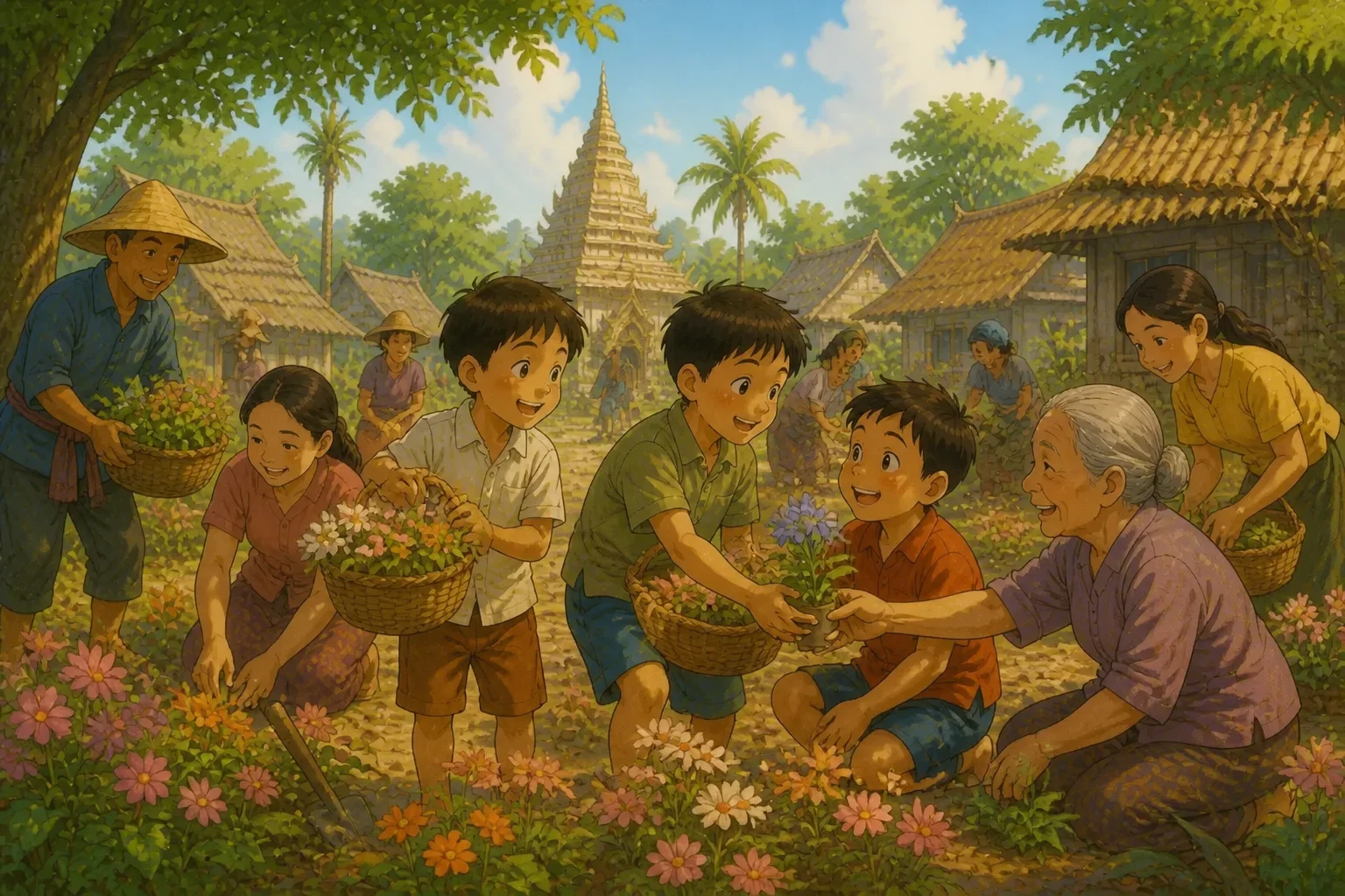 The boys, transformed by kindness, happily assisting villagers with baskets and flowers in a lively village square, demonstrating teamwork and joy.
