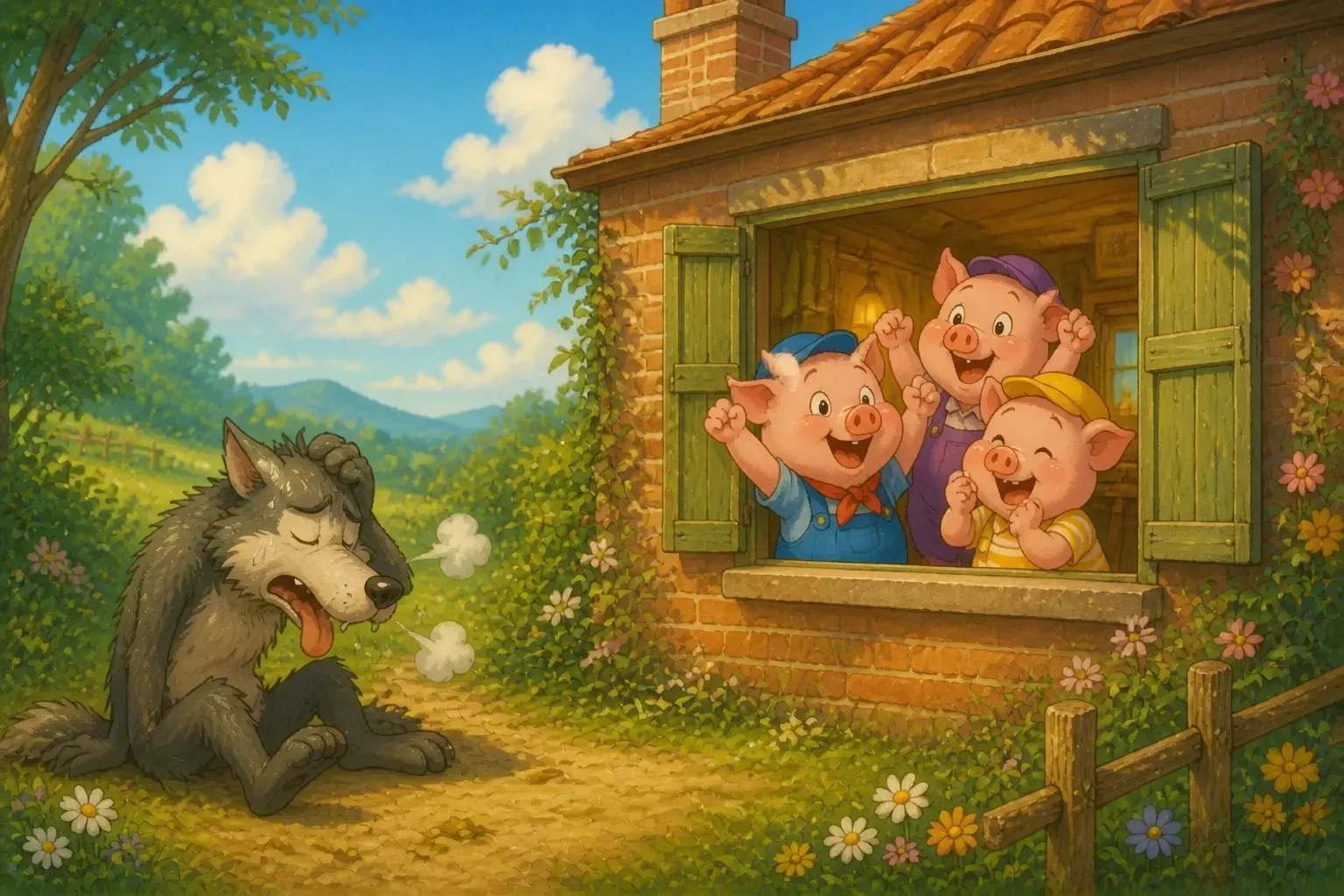 The three pigs happily celebrating inside their sturdy brick house as the tired wolf gives up outside, unable to blow it down.