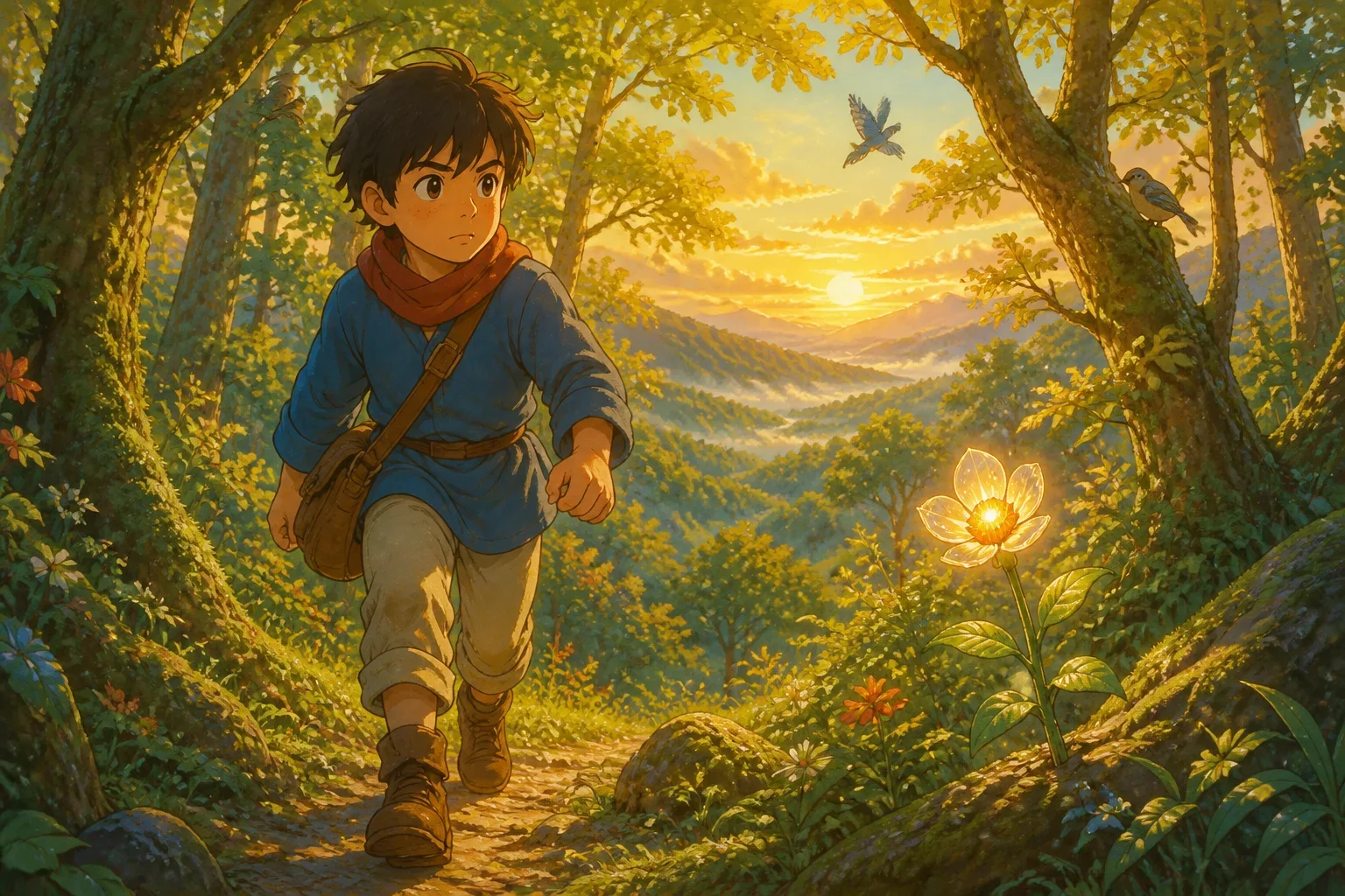 A brave boy enters a lush forest at dawn, searching for a rare glowing flower with determination in his eyes.