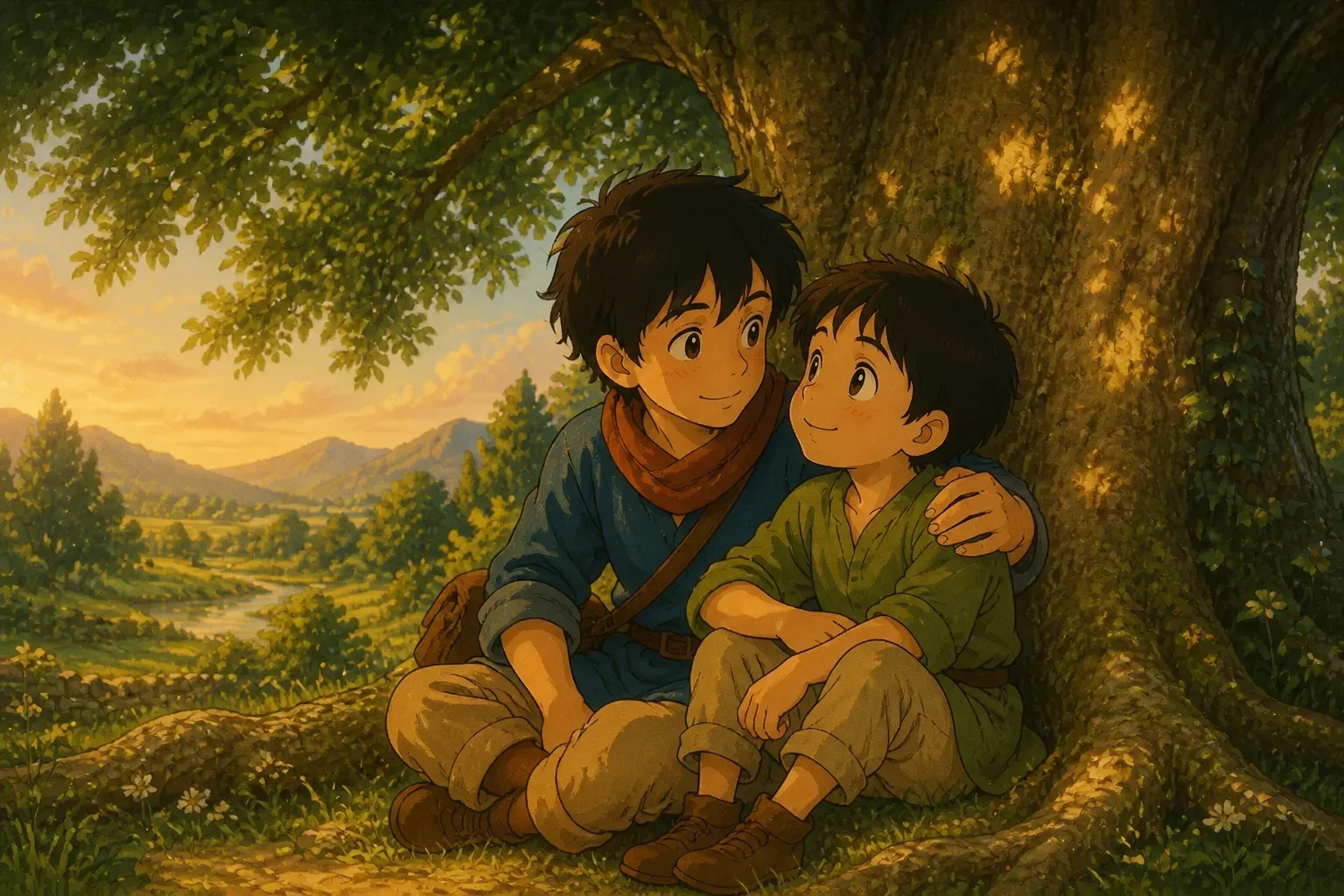 Two brothers sharing a heartfelt moment under a tree, symbolizing love, sacrifice, and family bonds.
