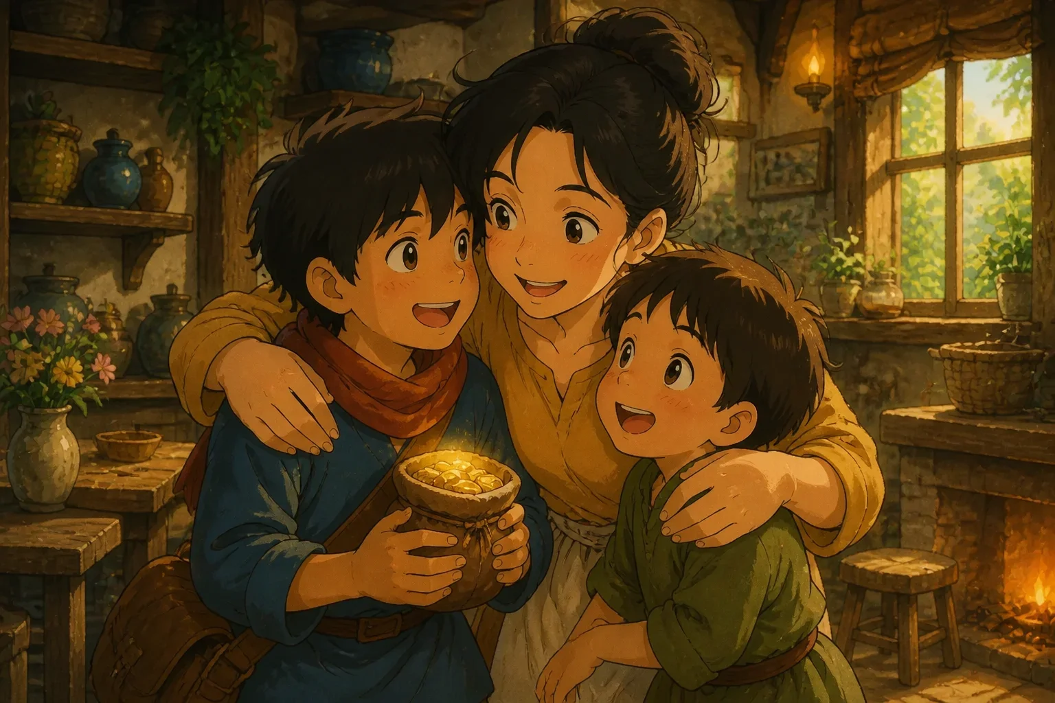 A joyful family reunion scene inside a cozy home with a smiling mother, a boy with coins, and his younger brother happily embracing.