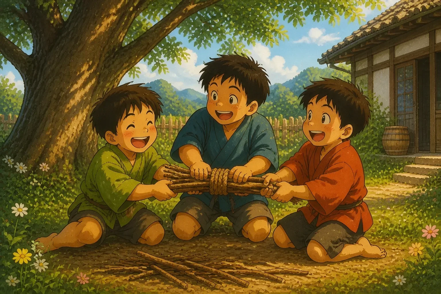Three brothers happily pulling a tied bundle of sticks together, demonstrating unity and teamwork in a cheerful outdoor setting.