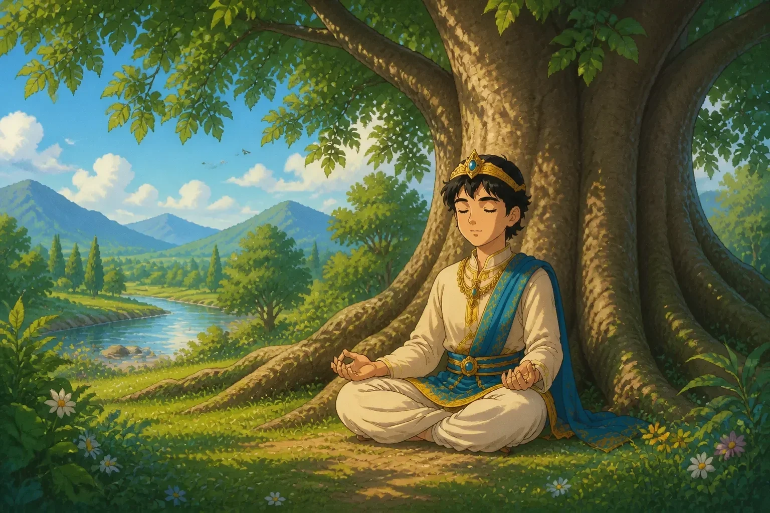 Siddhartha, now the Buddha, sitting peacefully beneath a large fig tree during the day, meditating with a serene expression, surrounded by nature and gentle light, in a children’s storybook style.