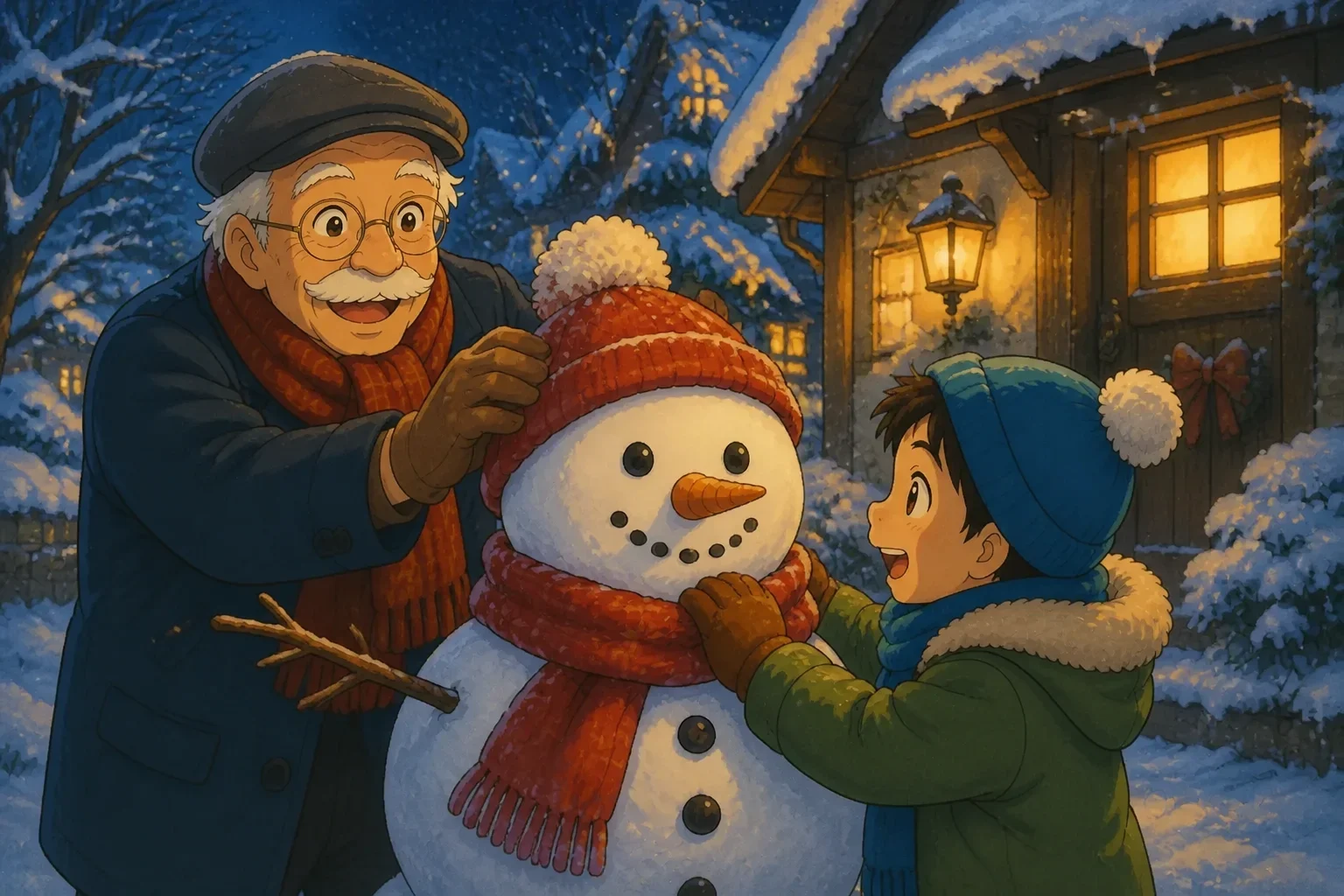 Timmy and Mr. Thompson building a snowman together outside, fixing its wobbling head, their faces full of joy and determination, snow-covered yard, softly glowing evening lights.