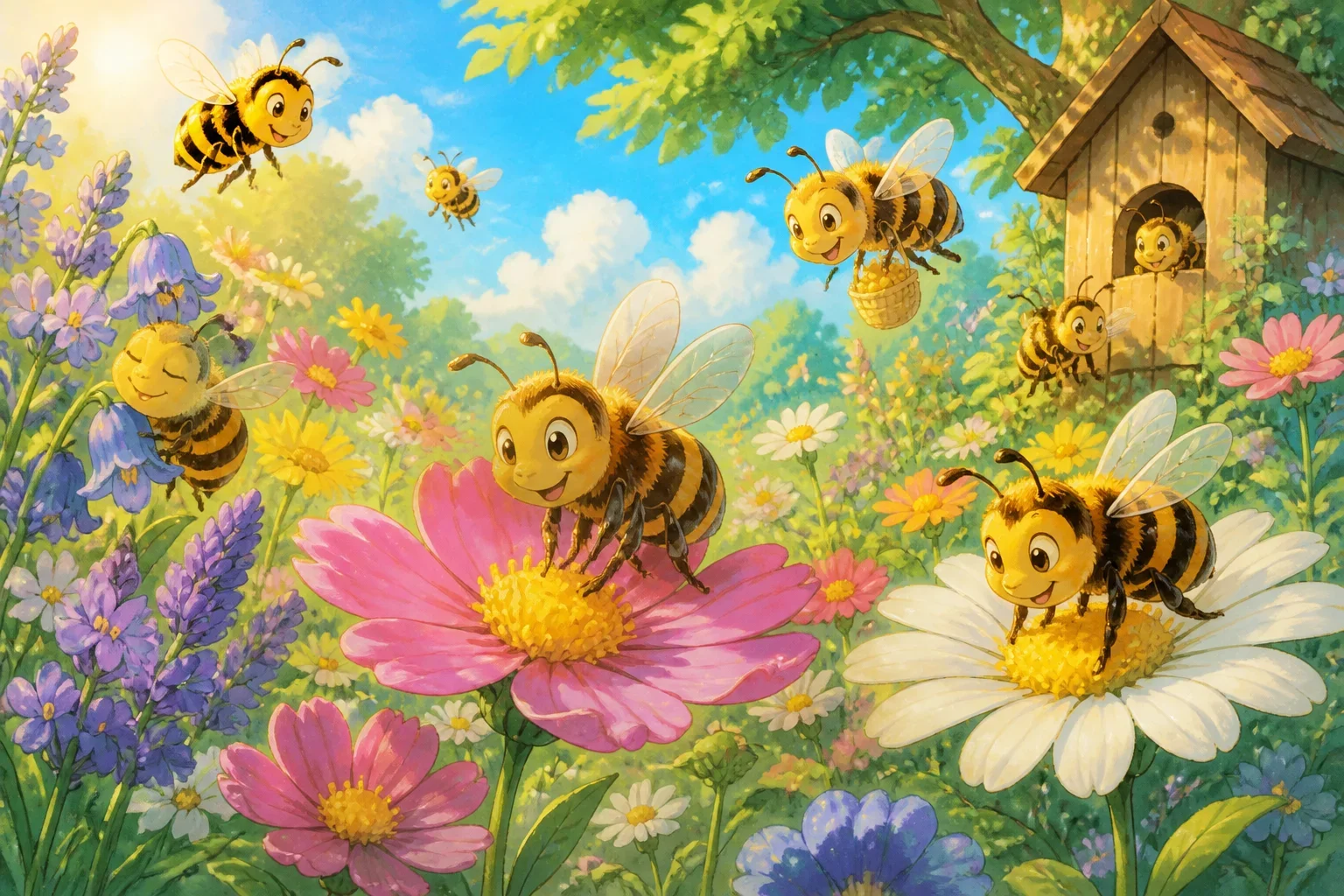 A lively garden scene with bees collecting nectar from colorful flowers under a clear sky, showing their industrious work ethic.