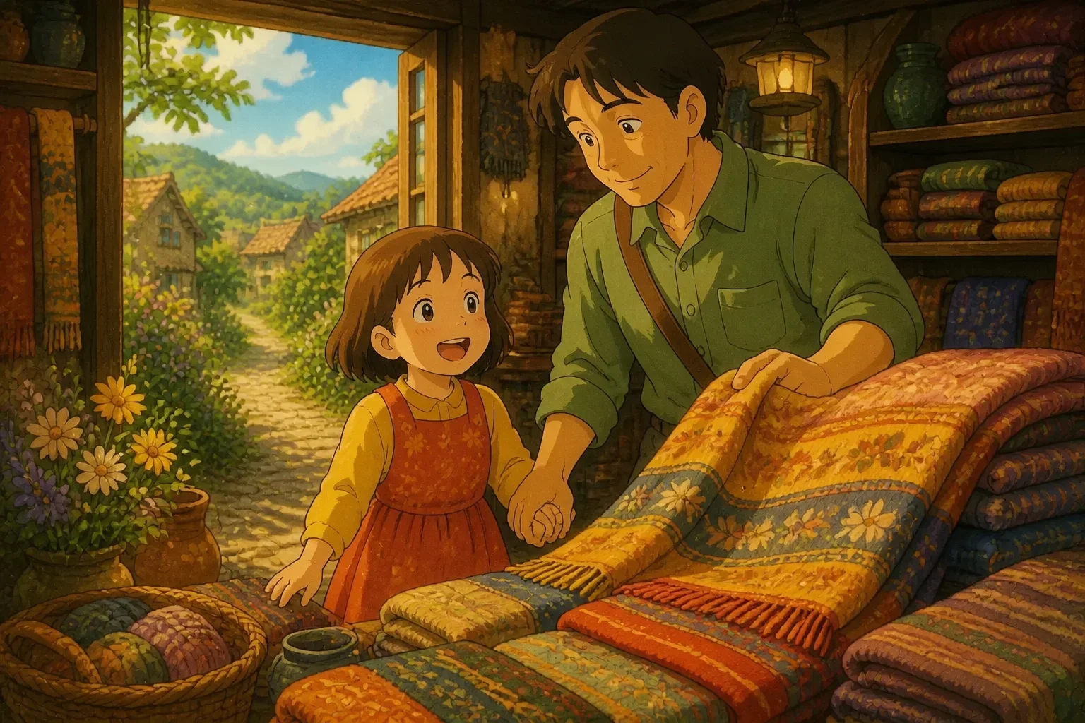 A warm scene of a father and daughter buying a soft blanket in a shop, smiling happily and holding hands, with a cozy shop interior backdrop.