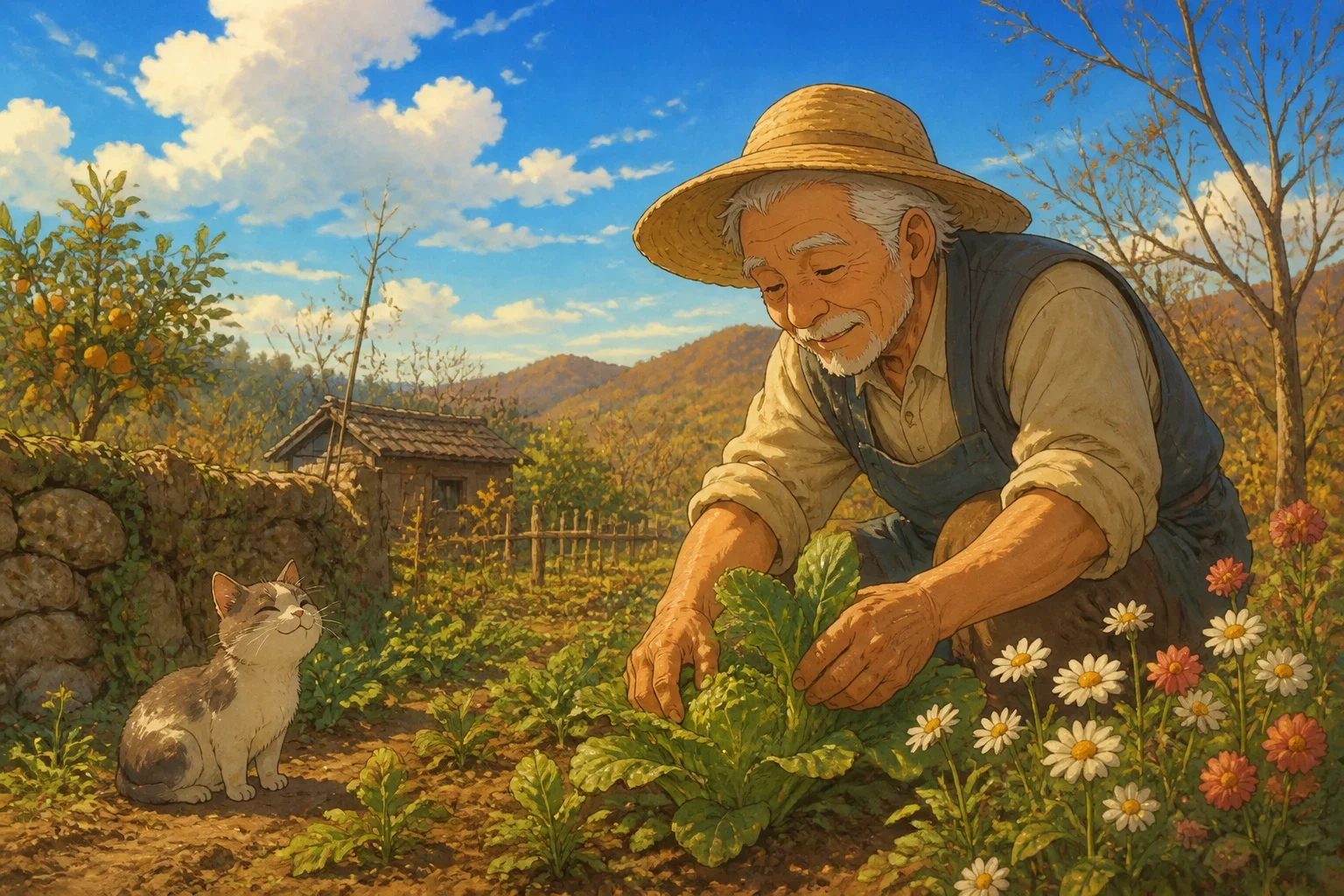 A humble farmer tending to his crops in a peaceful field during a dry season, showcasing patience and calmness.