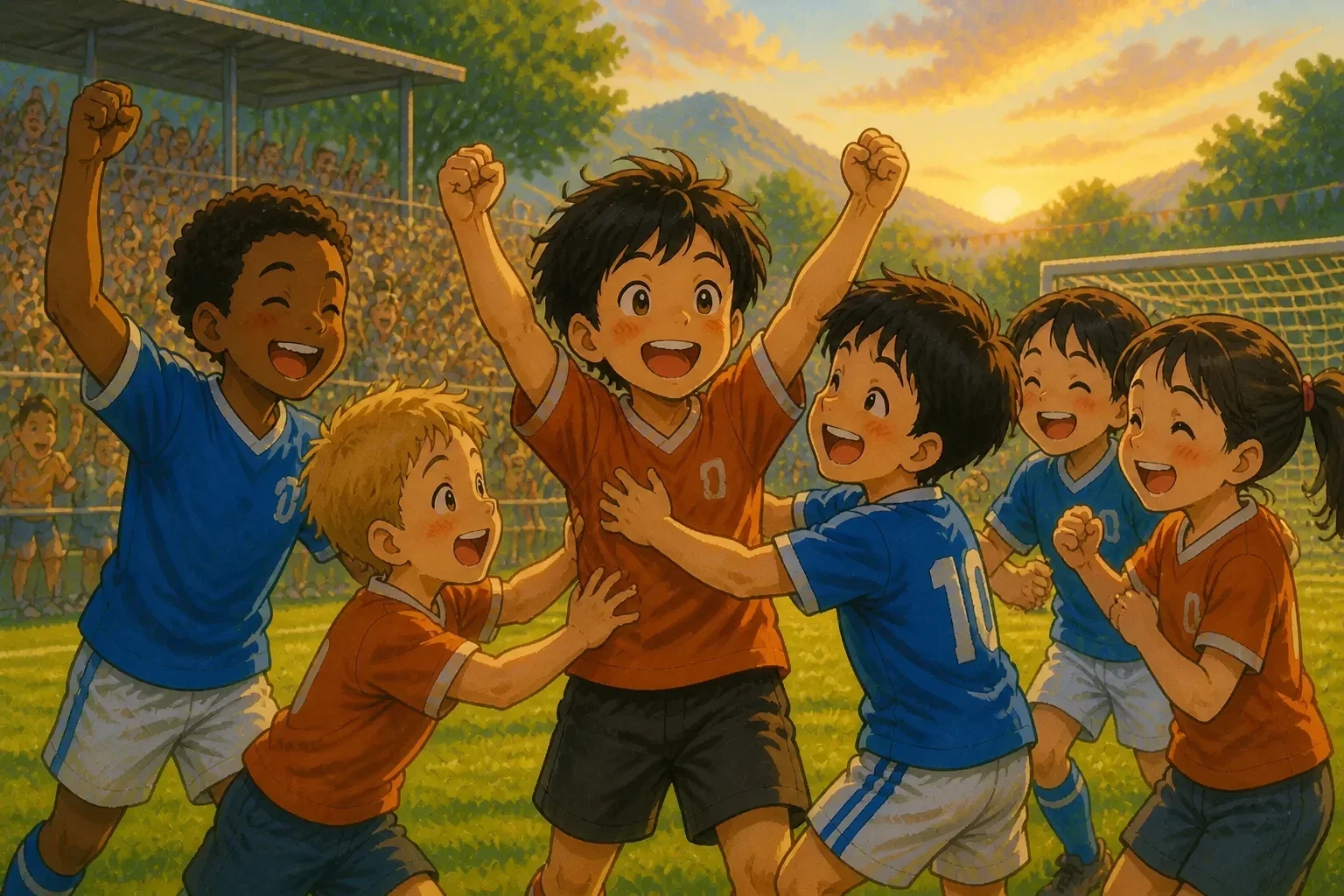 Carlos scoring a goal with the support of Alex and teammates cheering, on a bright football pitch with happy expressions.