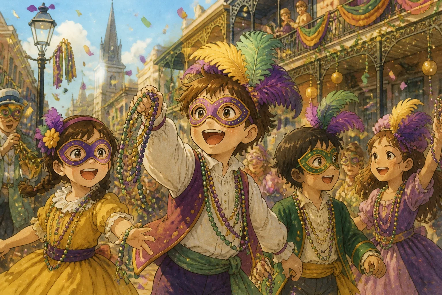 Children dressed in colorful Mardi Gras costumes with masks, happily participating in a lively parade on a vibrant street.