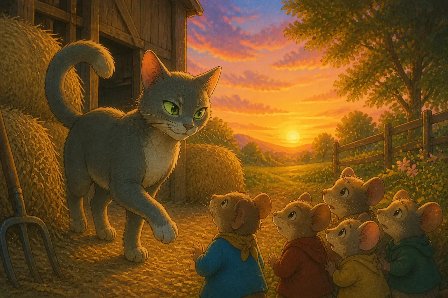A sneaky-looking cat named Whiskers with shiny fur and green eyes standing in front of a barn at dusk, with stacks of hay and a mischievous expression, surrounded by cautious mice.