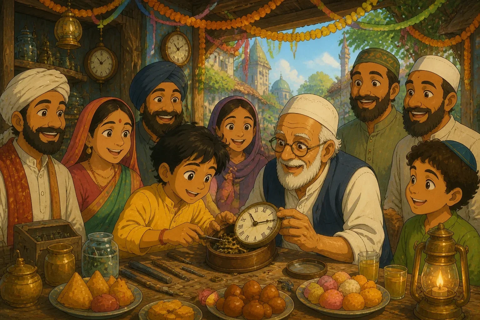 Villagers from Hindu and Muslim communities coming together in Rahman Chacha’s shop for a celebration, sharing food, stories, and laughter amidst colorful decorations.