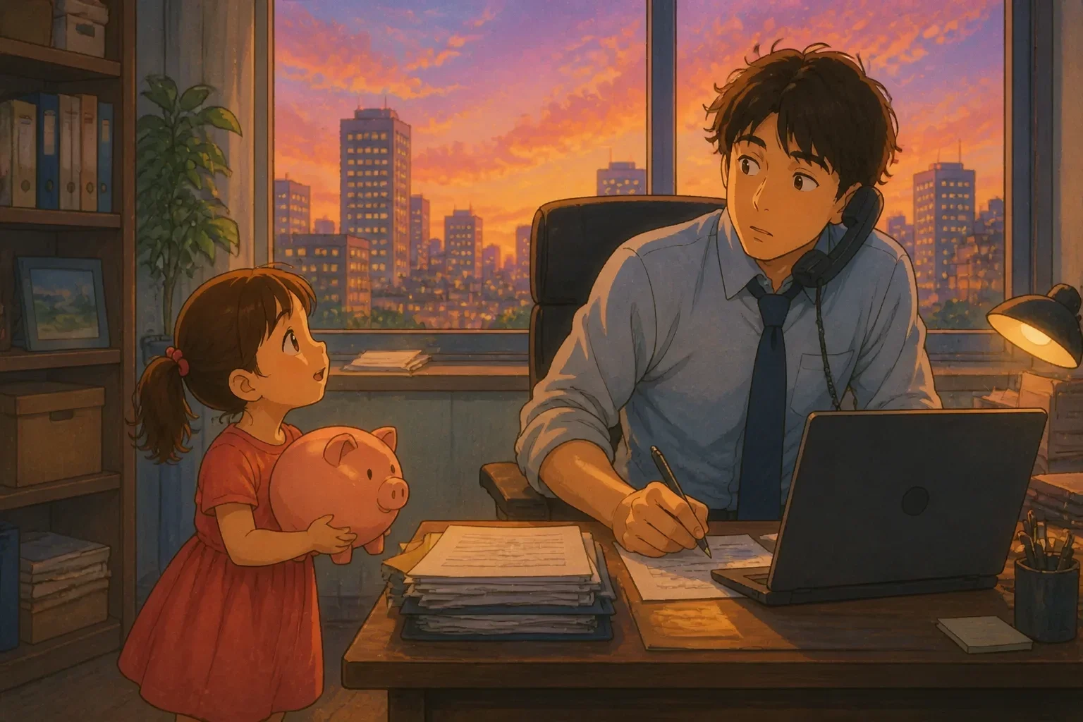 A young girl holding her piggy bank and asking her father about how much he makes in an hour, in a busy office setting.