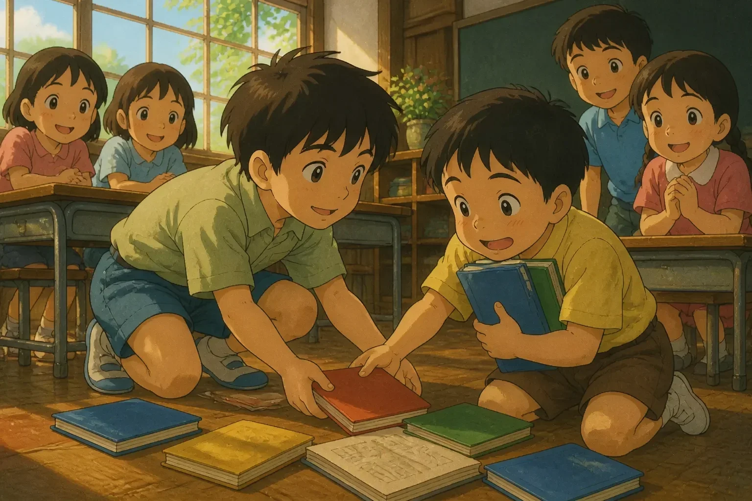 A happy boy helping a friend pick up scattered books at school, smiling and showing kindness, with other children around.