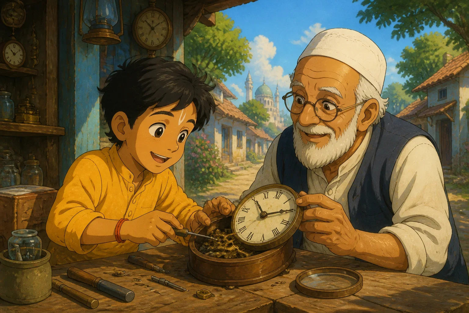 A young Hindu boy named Aryan and an elderly Muslim man named Rahman Chacha working together to fix a broken clock outside a small shop, surrounded by a warm, inviting village scene.