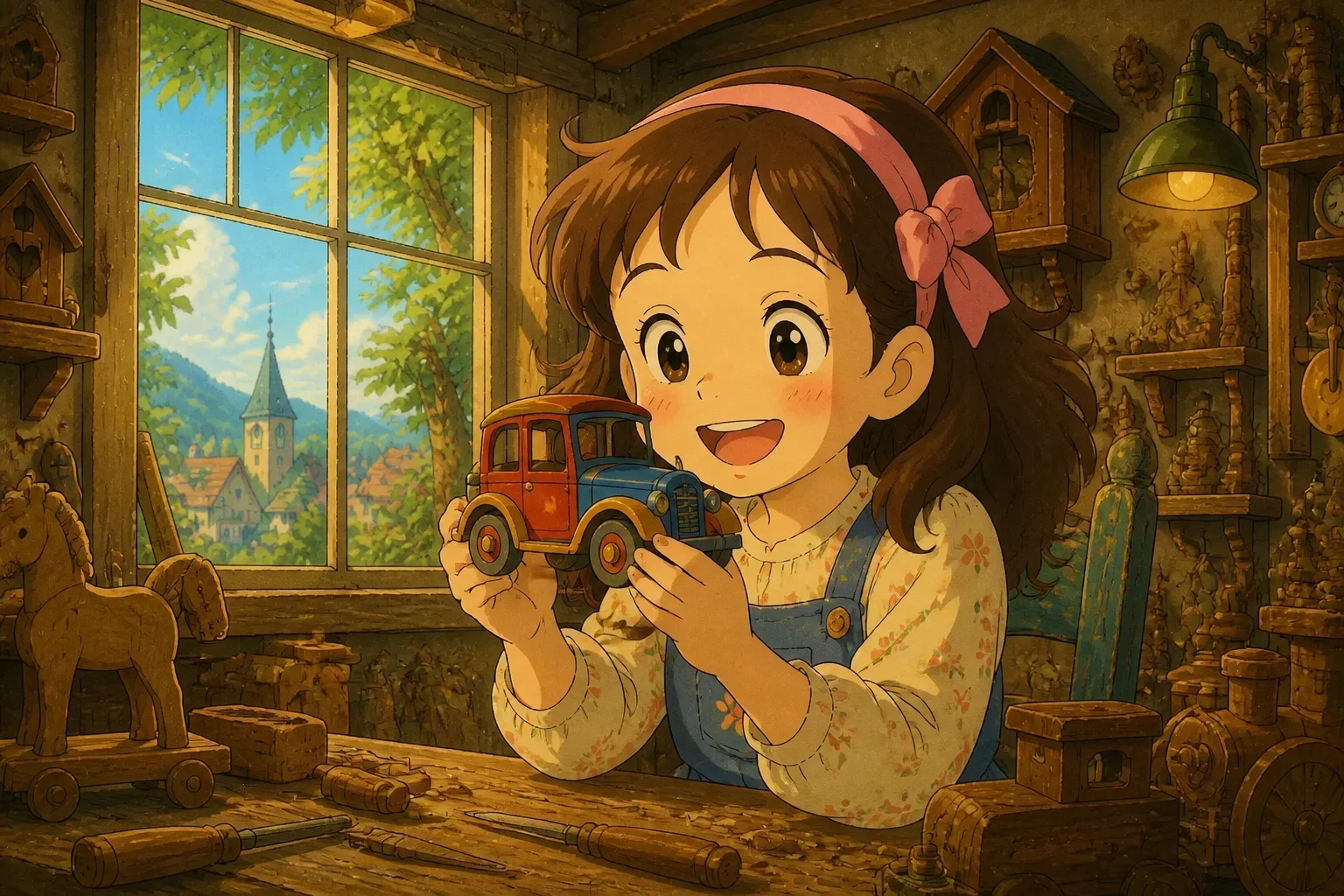 A young girl with tear-streaked cheeks holding out her repaired wooden toy car, her face lighting up with joy and gratitude.