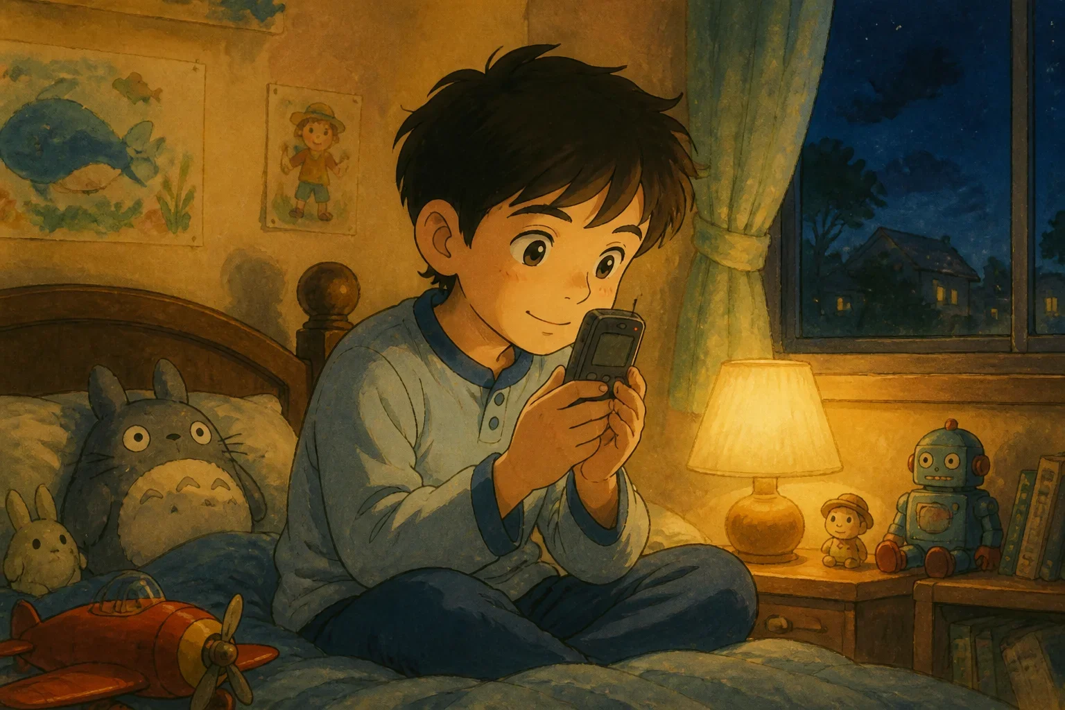 A young boy sitting on his bed in a modest room, holding a small old phone, with a hopeful expression as he practices recording his voice at night.