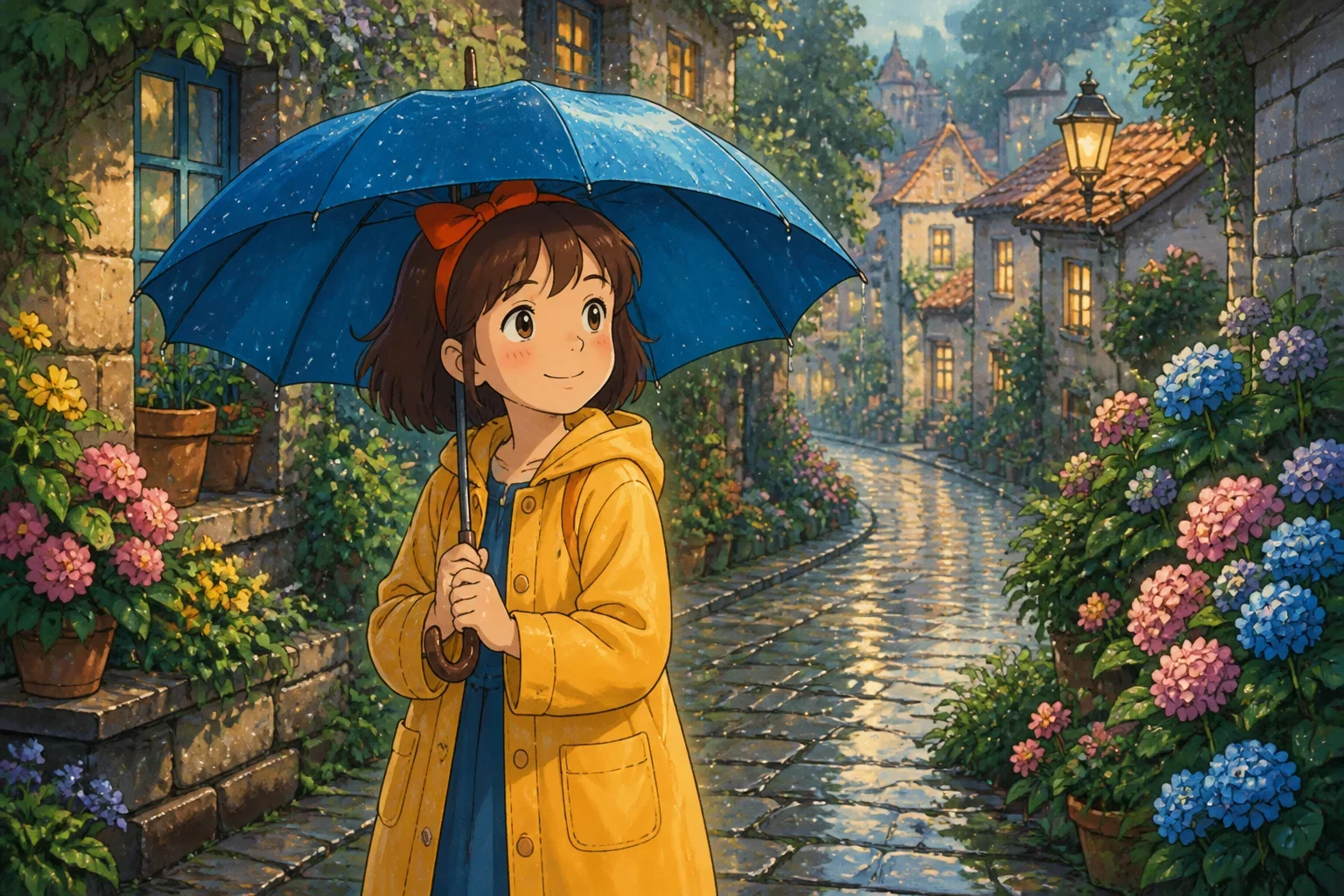 A young girl with a gentle smile holding a bright blue umbrella, standing on a cobblestone street as rain begins to fall, with colorful flowers and lush green gardens in the background.