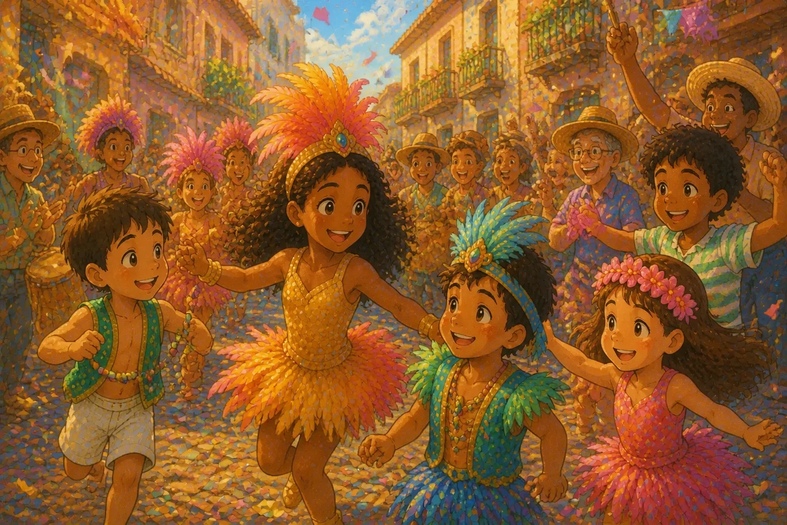 Children in bright costumes dance and celebrate together, embodying the spirit of unity and joy at Carnival.