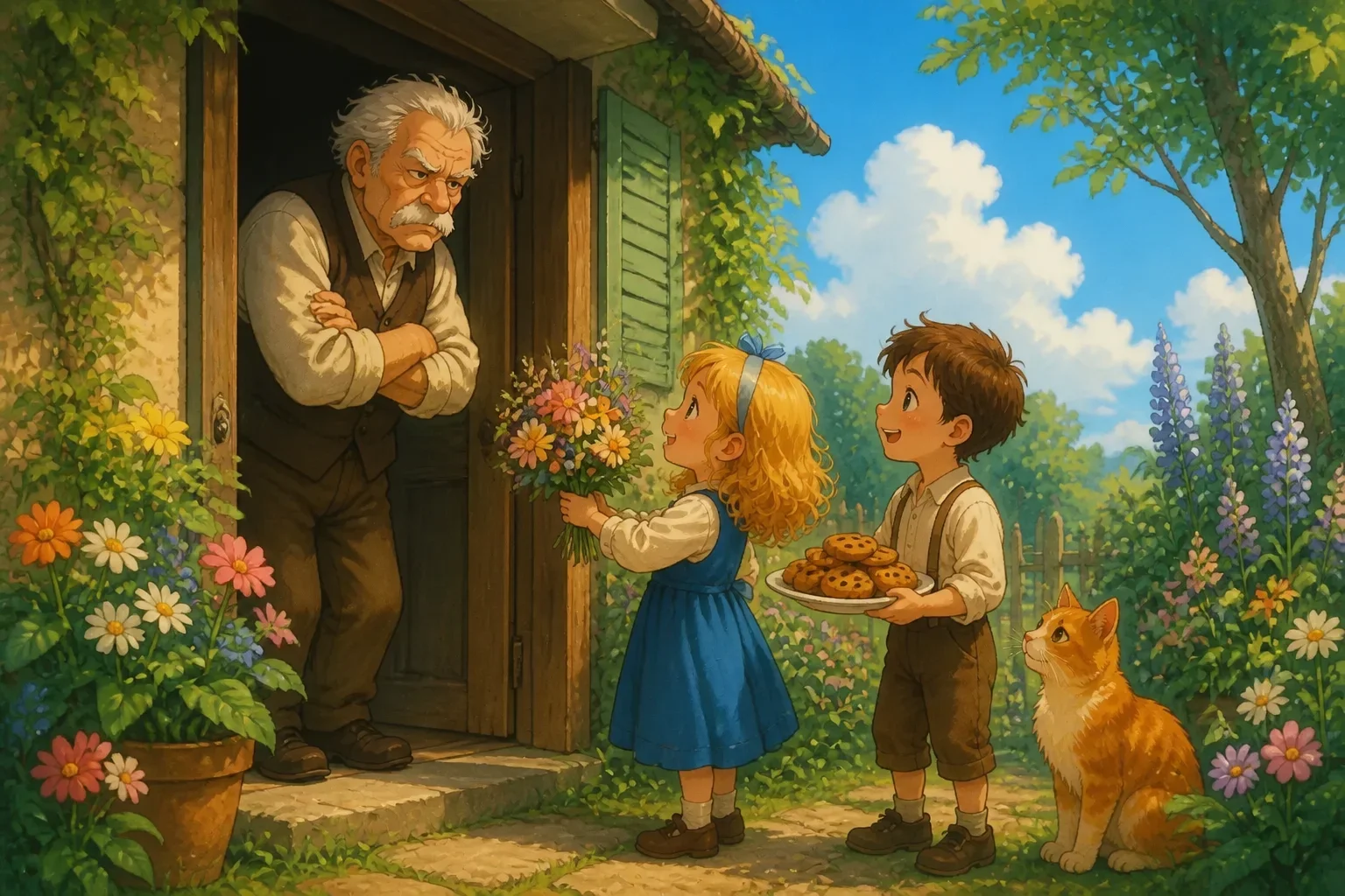 A cheerful, detailed illustration of children giving flowers and cookies to a stern-looking old man at his door, showing initial acts of kindness in a colorful, storybook style.