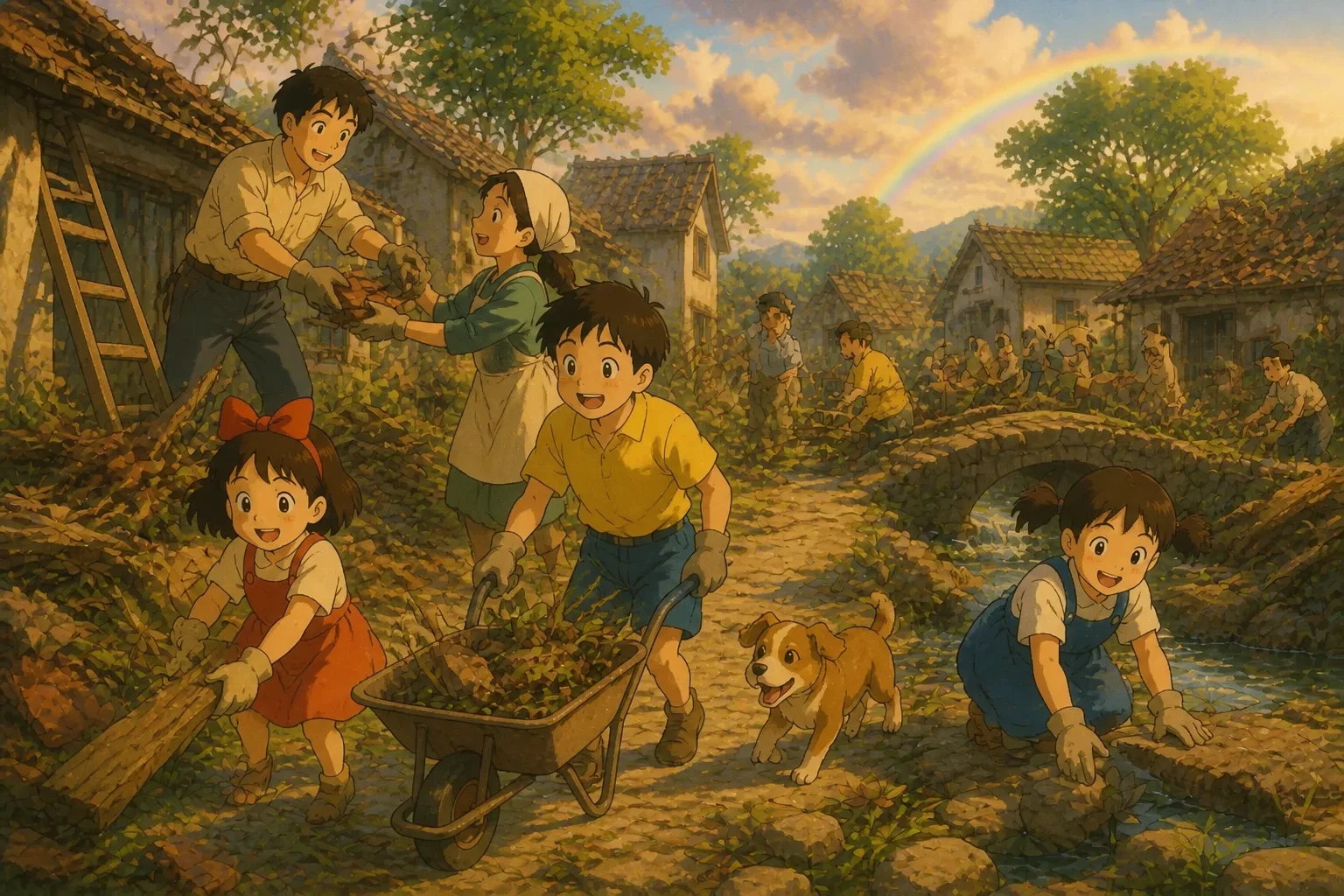A girl and her family working together to repair their damaged village after a storm, symbolizing teamwork and hope.