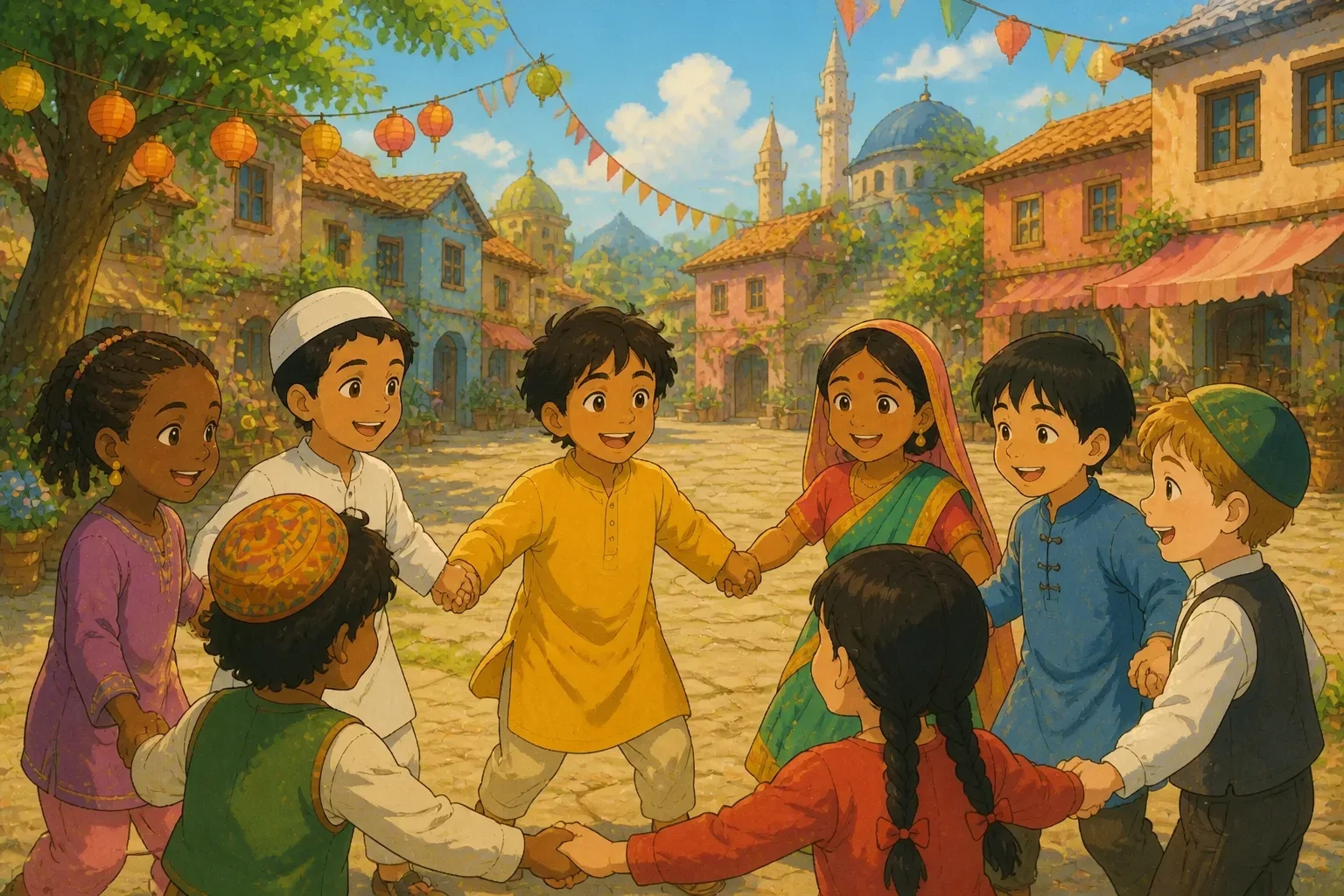 A diverse group of children, including Aryan and children from various backgrounds, holding hands in a circle in a sunny village square, smiling and looking happy.