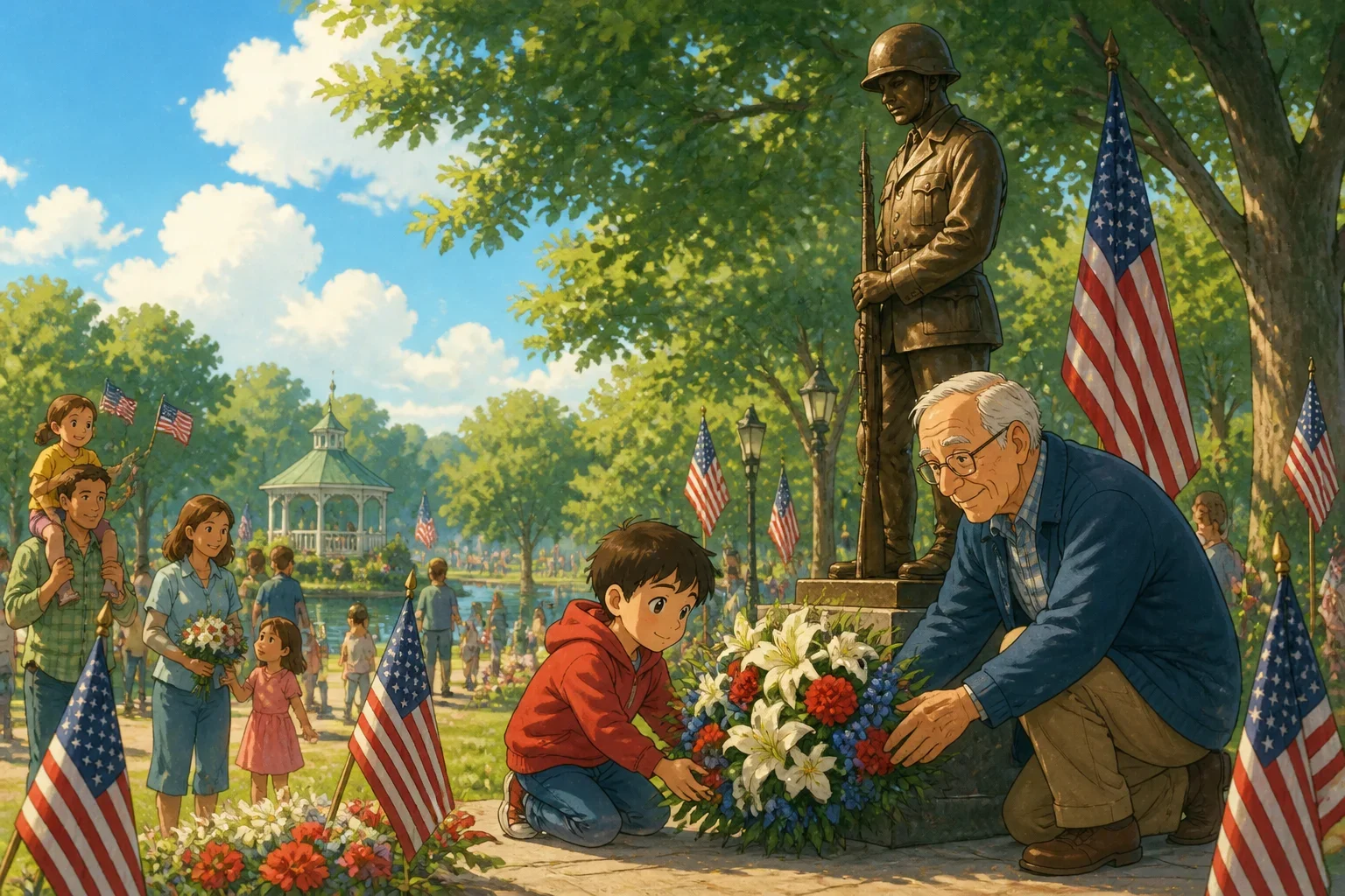 A young boy and his grandpa placing flowers at a memorial statue of a soldier in a park, surrounded by flags and families on Memorial Day.