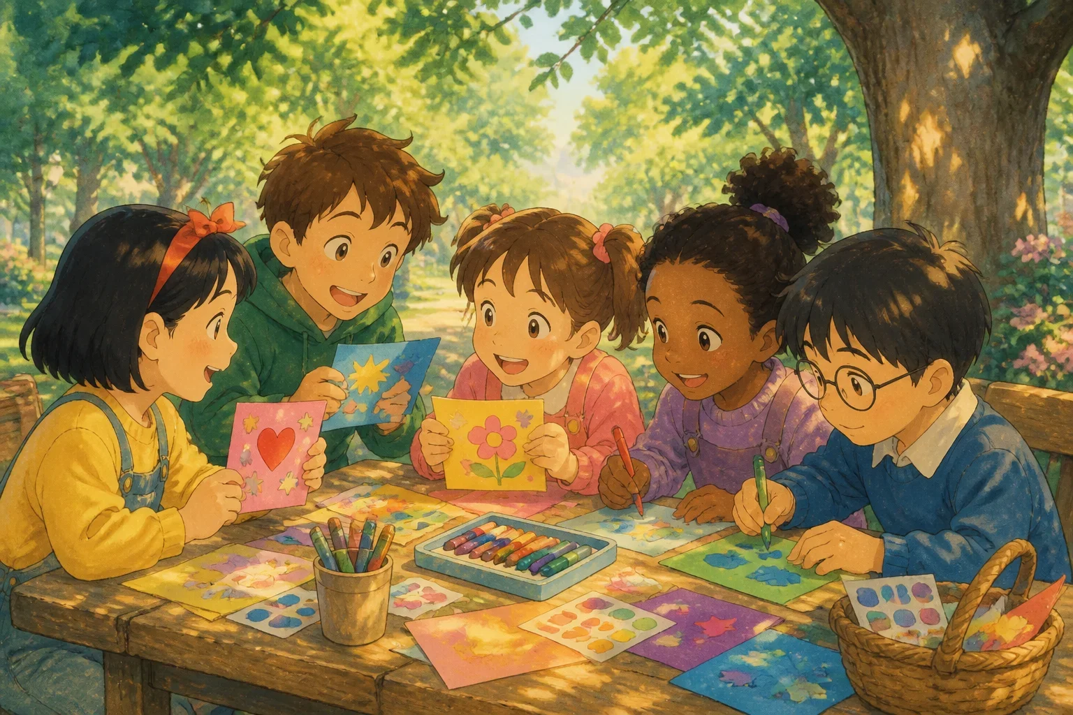 Children gathered in the park, making colorful cards with drawings and messages to celebrate kindness and understanding on Columbus Day.