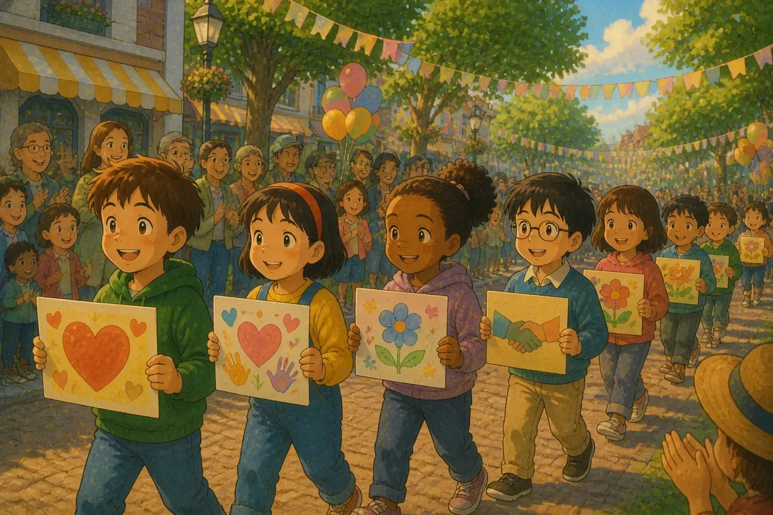 Children marching proudly in a parade, holding up their handmade cards with messages of kindness and respect, surrounded by an appreciative community.