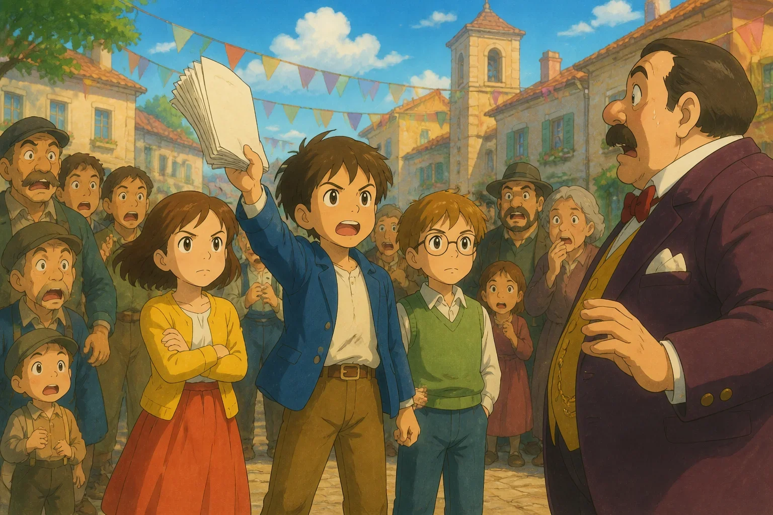 A group of three children standing confidently in front of a town square, holding documents and speaking out against a corrupt politician, with surprised townsfolk around them.