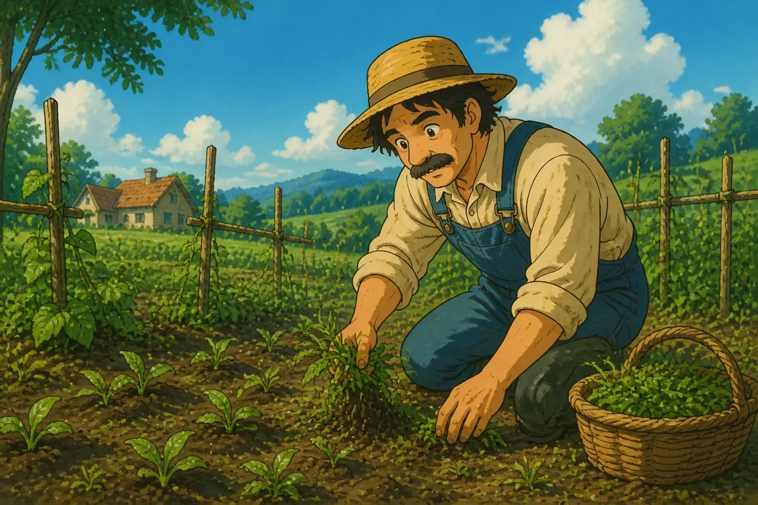 The farmer carefully removing weeds from his garden, revealing rich, healthy soil underneath with new sprouts beginning to grow, in a bright, optimistic setting.
