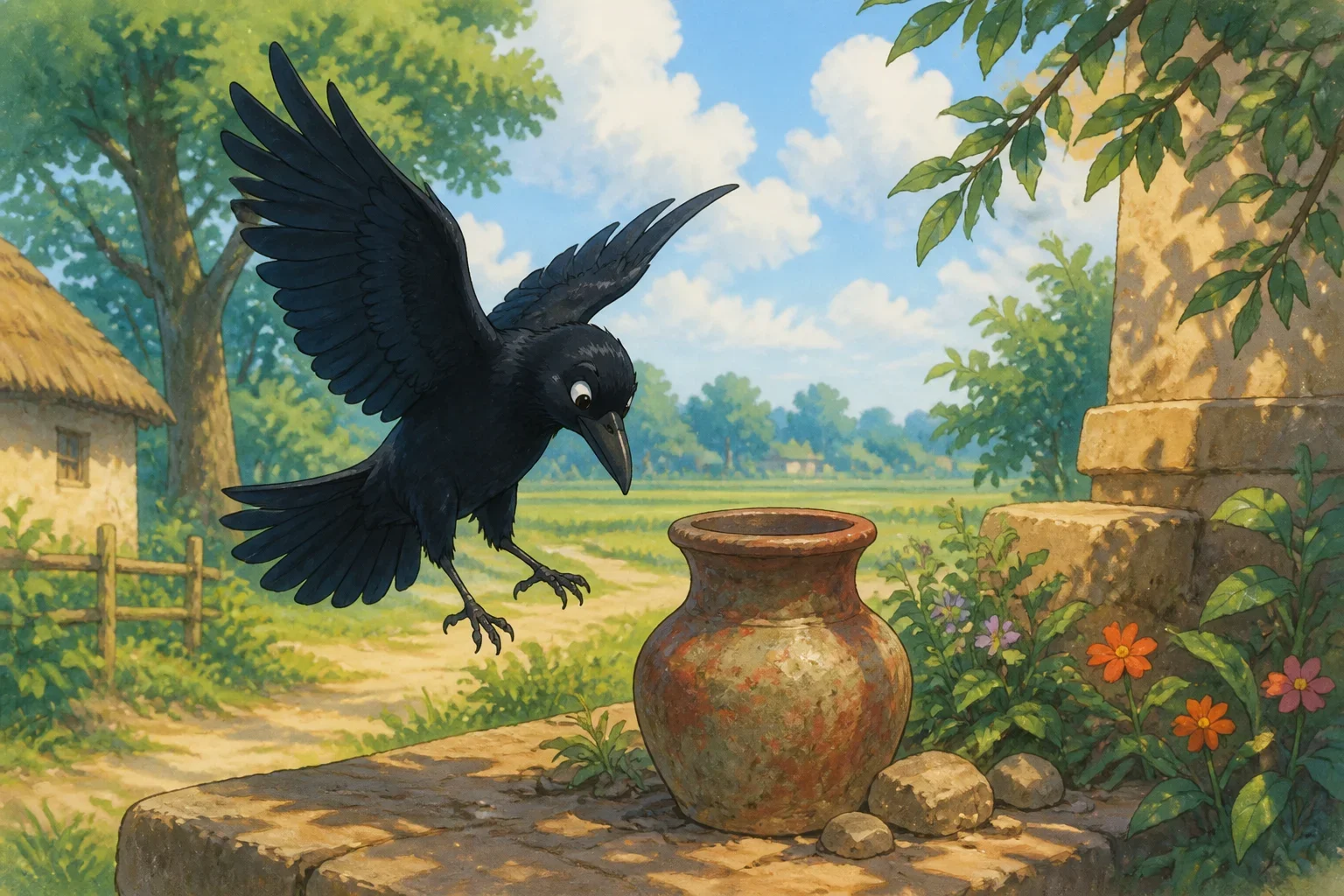 A smart black crow with shiny feathers and a curious expression flying towards a weathered clay pitcher with a small amount of water at the bottom in a sunny village setting.