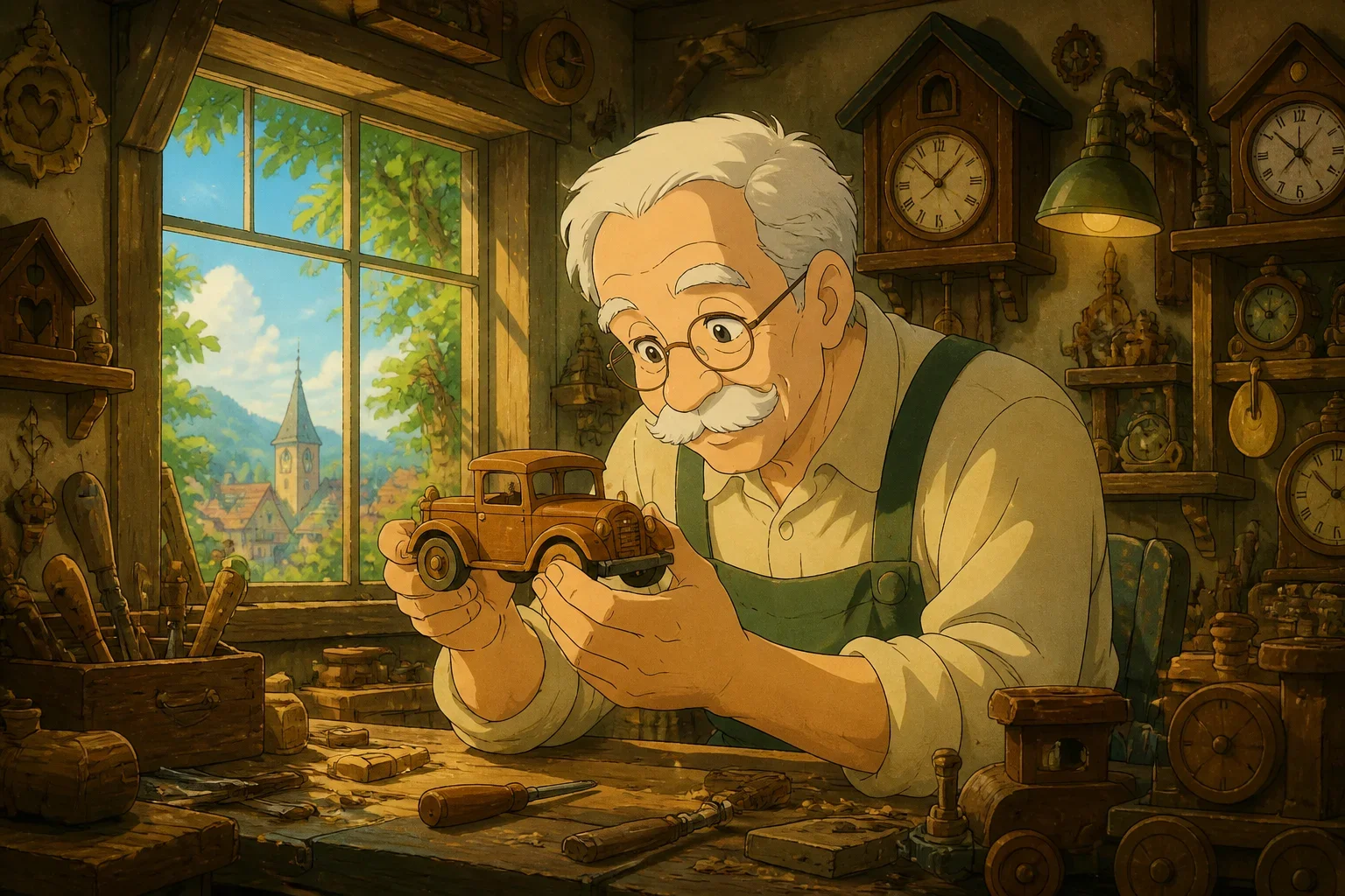 An old clockmaker with gentle eyes carefully examining a broken wooden toy car in his cozy workshop filled with clocks and gears.