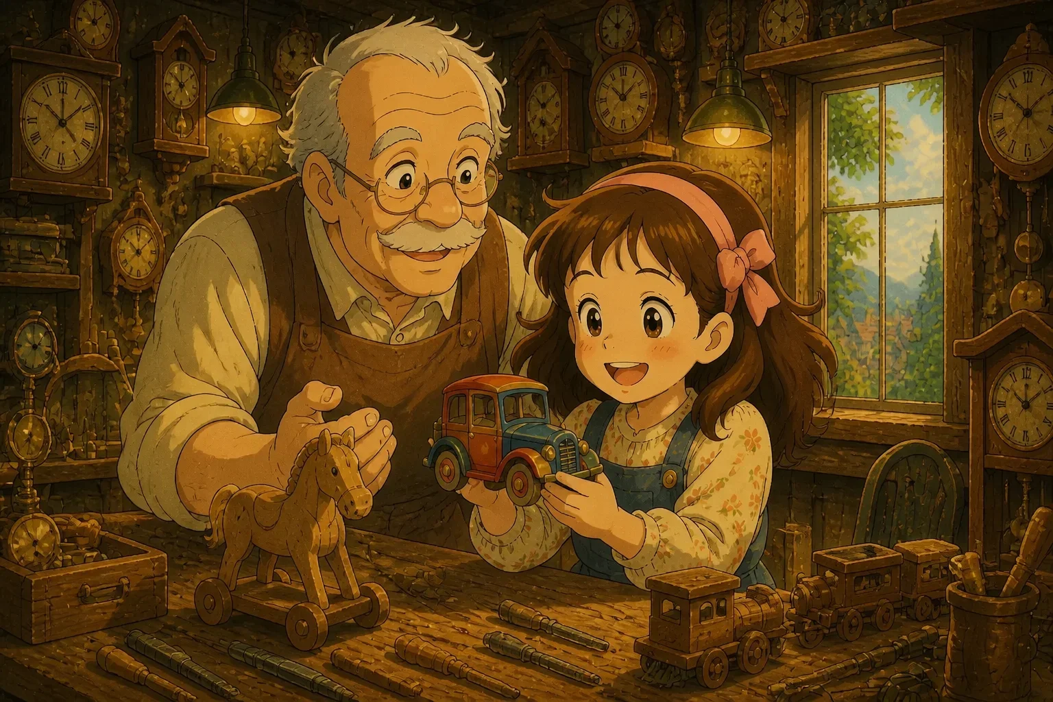 The old clockmaker smiling warmly, standing beside Lily and her repaired toy, in a peaceful workshop filled with clocks and warm light.