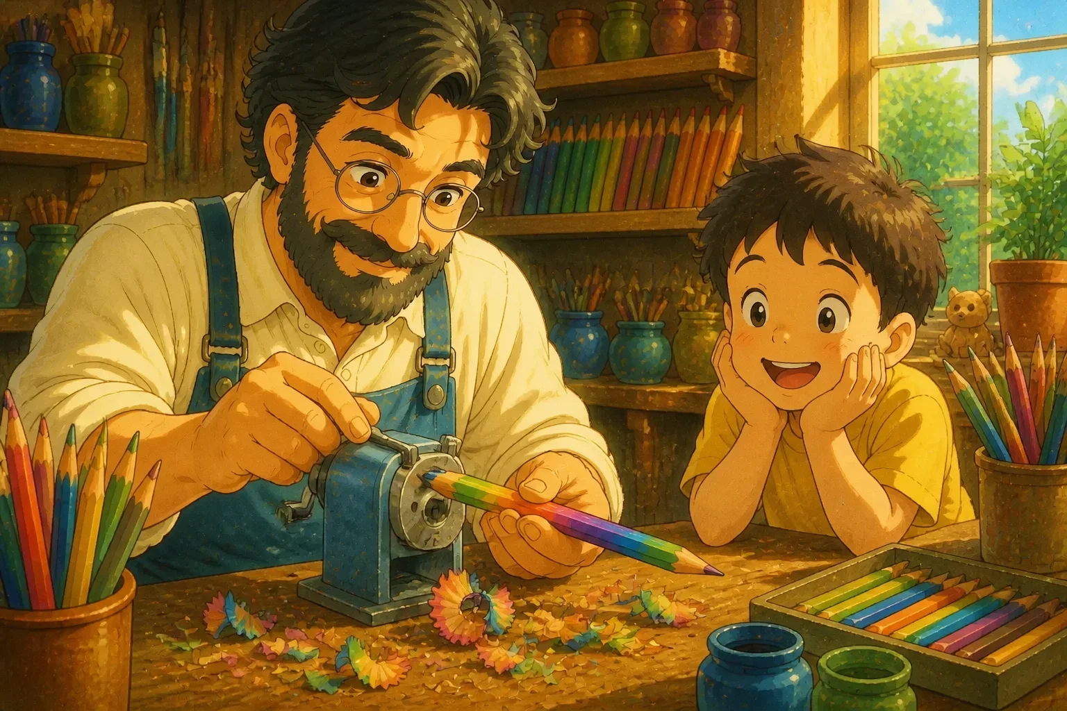 A vibrant, painted pencil being sharpened, with a happy child watching and learning, representing self-improvement and embracing individuality.