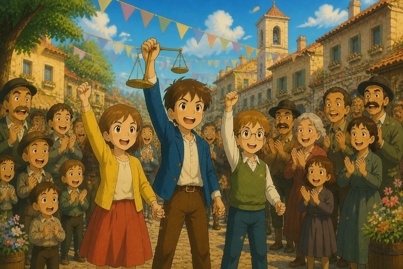 Children and townsfolk celebrating together in the town square after the corrupt politician is held accountable, with smiles and applause.
