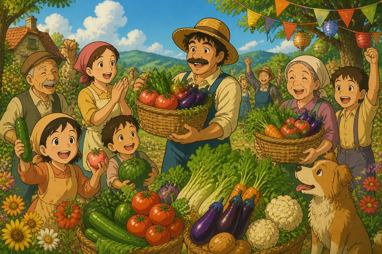 The farmer surrounded by villagers, happily sharing a bountiful harvest of vegetables, all smiling and celebrating together in a lively outdoor scene.