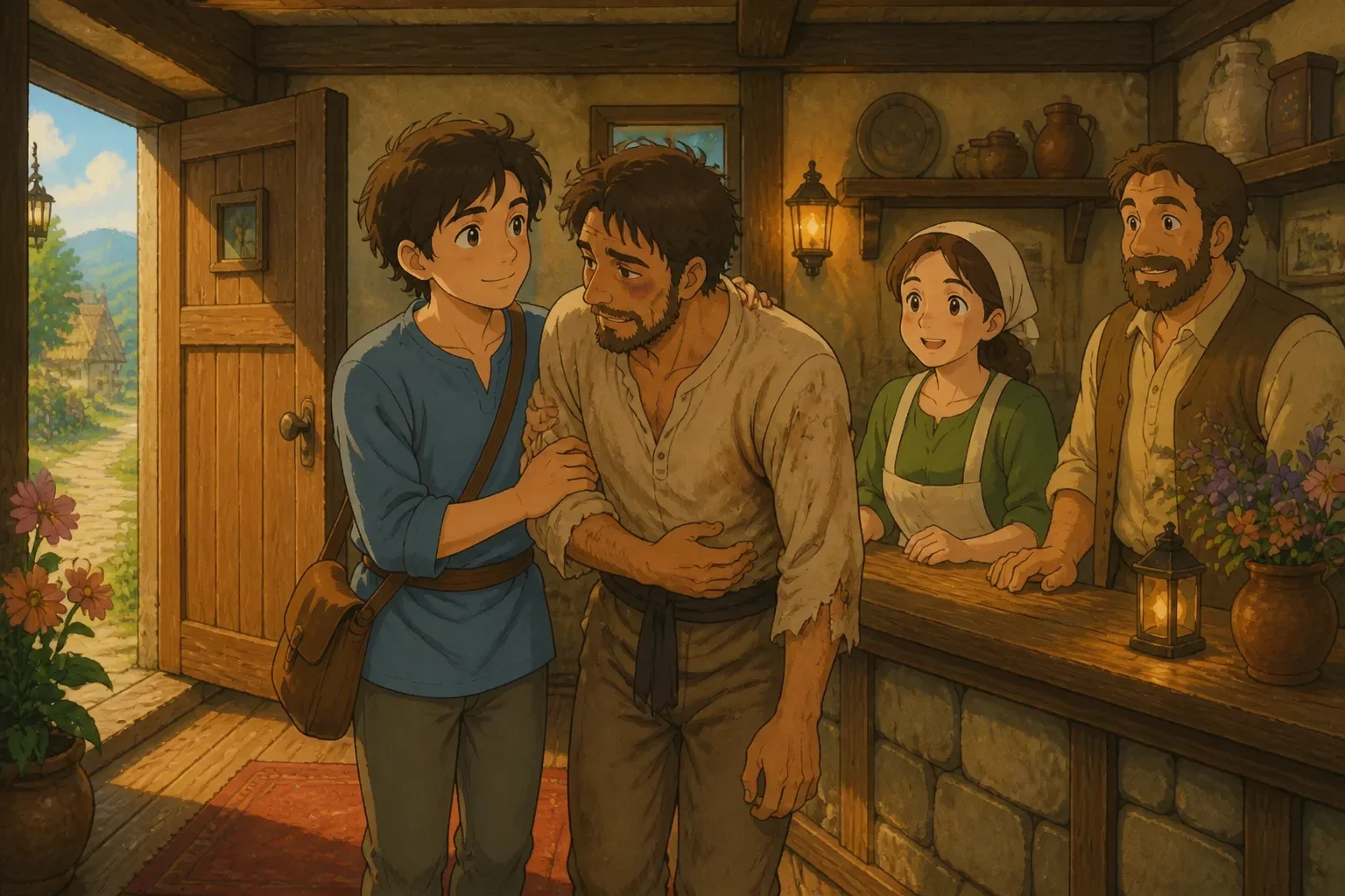 Eli helping a battered man into an inn, with the innkeeper welcoming them inside. The scene shows kindness and caring among friends.