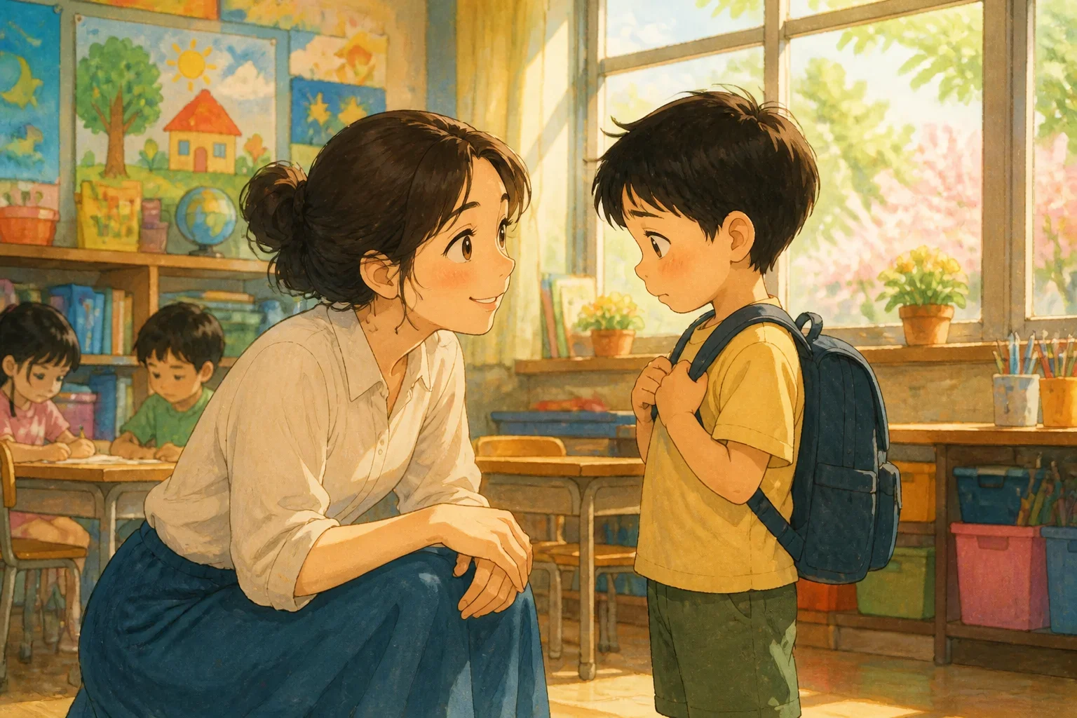 A warm-hearted teacher crouching to greet a shy student with a smile in a bright classroom.