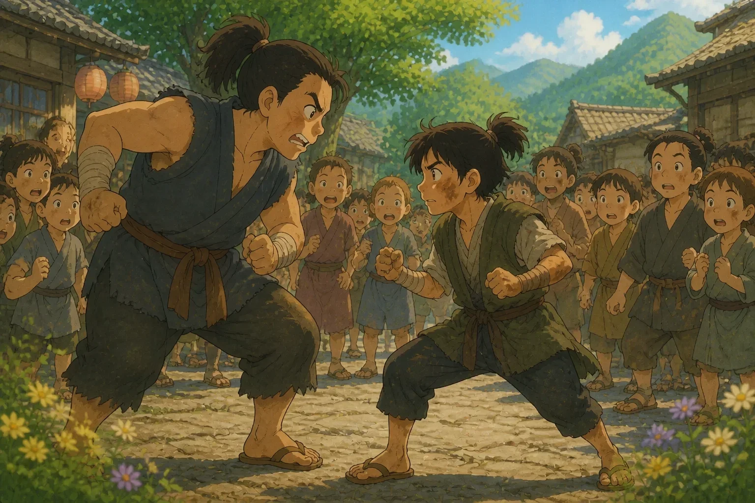 A brave warrior standing up to a bully in a village square, inspiring courage.