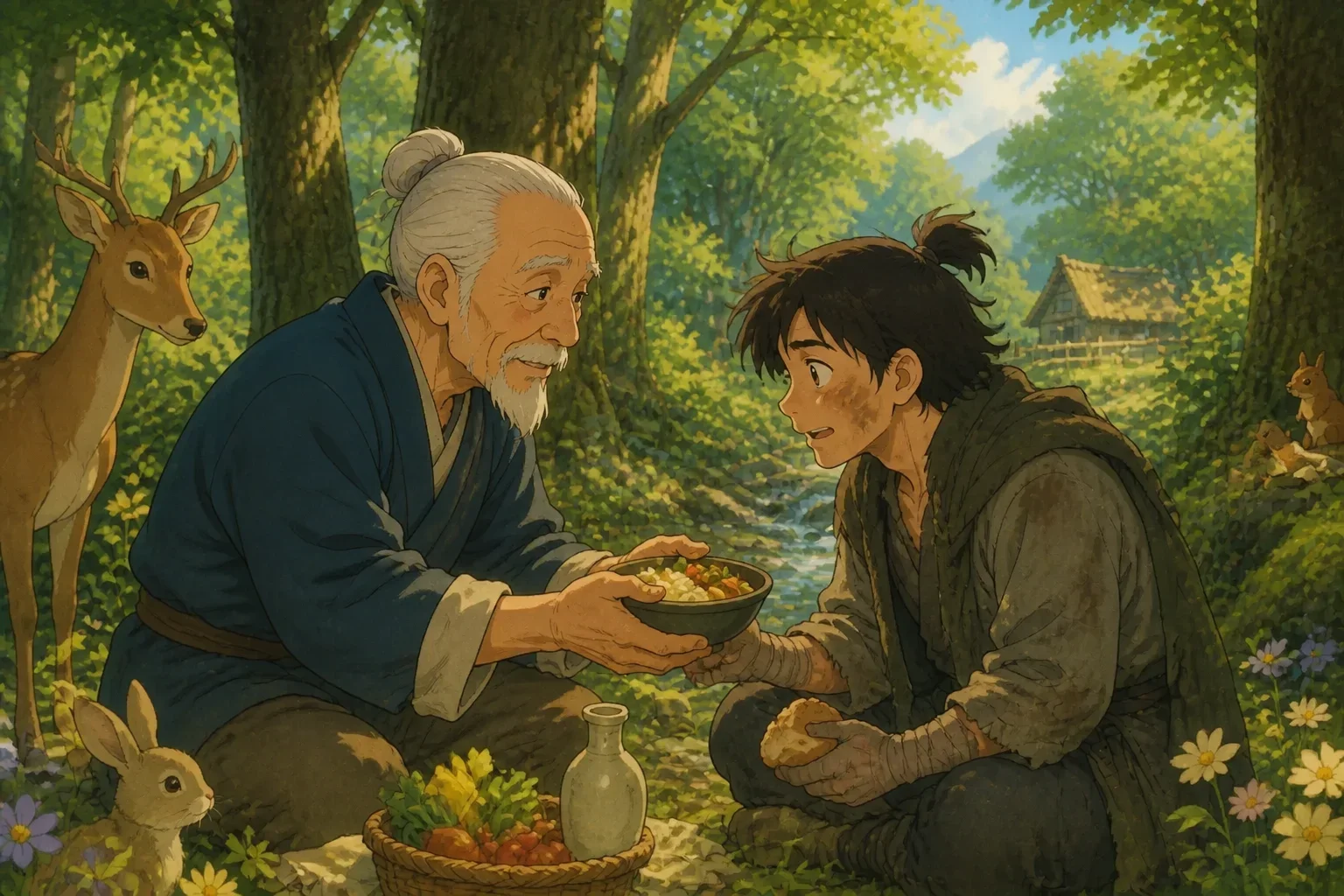 A farmer giving food and shelter to a lost traveler in a peaceful forest, showcasing kindness.