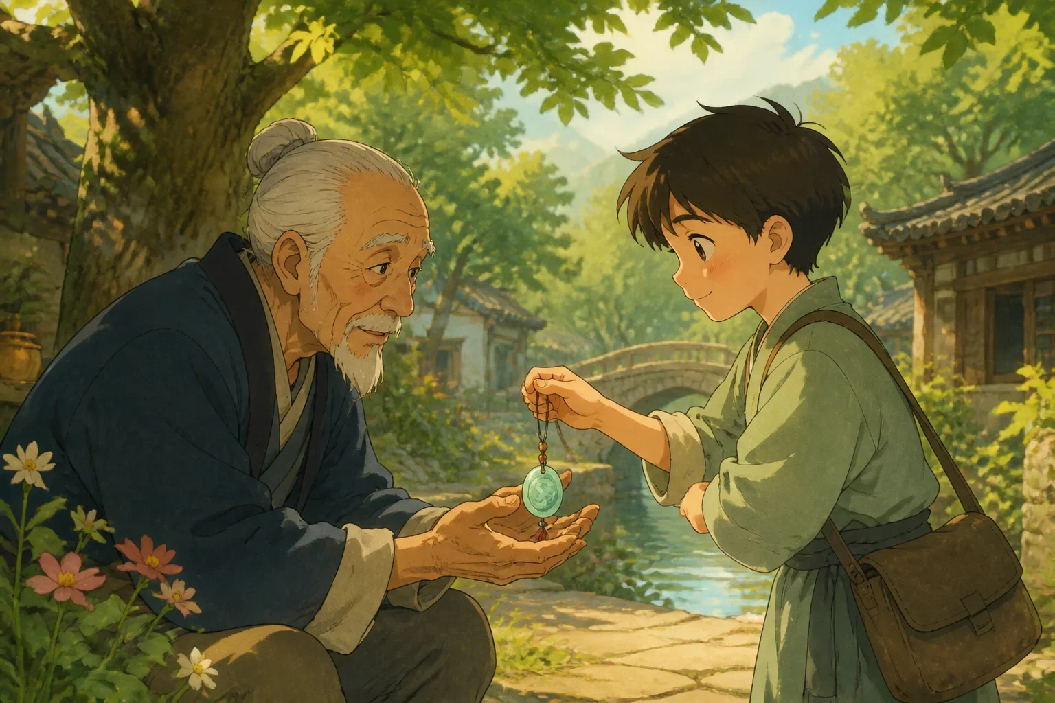 A young boy returning a dropped jade pendant to an elder, highlighting the value of respect.