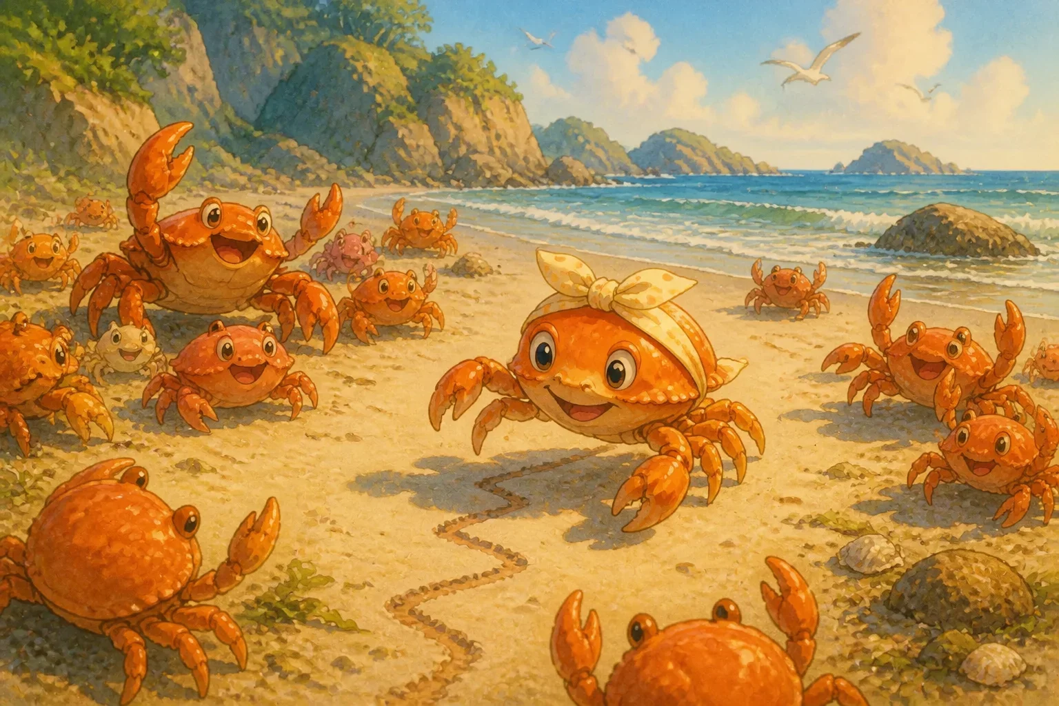 A group of crabs playing tag on the sandy beach, with one crab zigzagging in front of the others, everyone smiling.