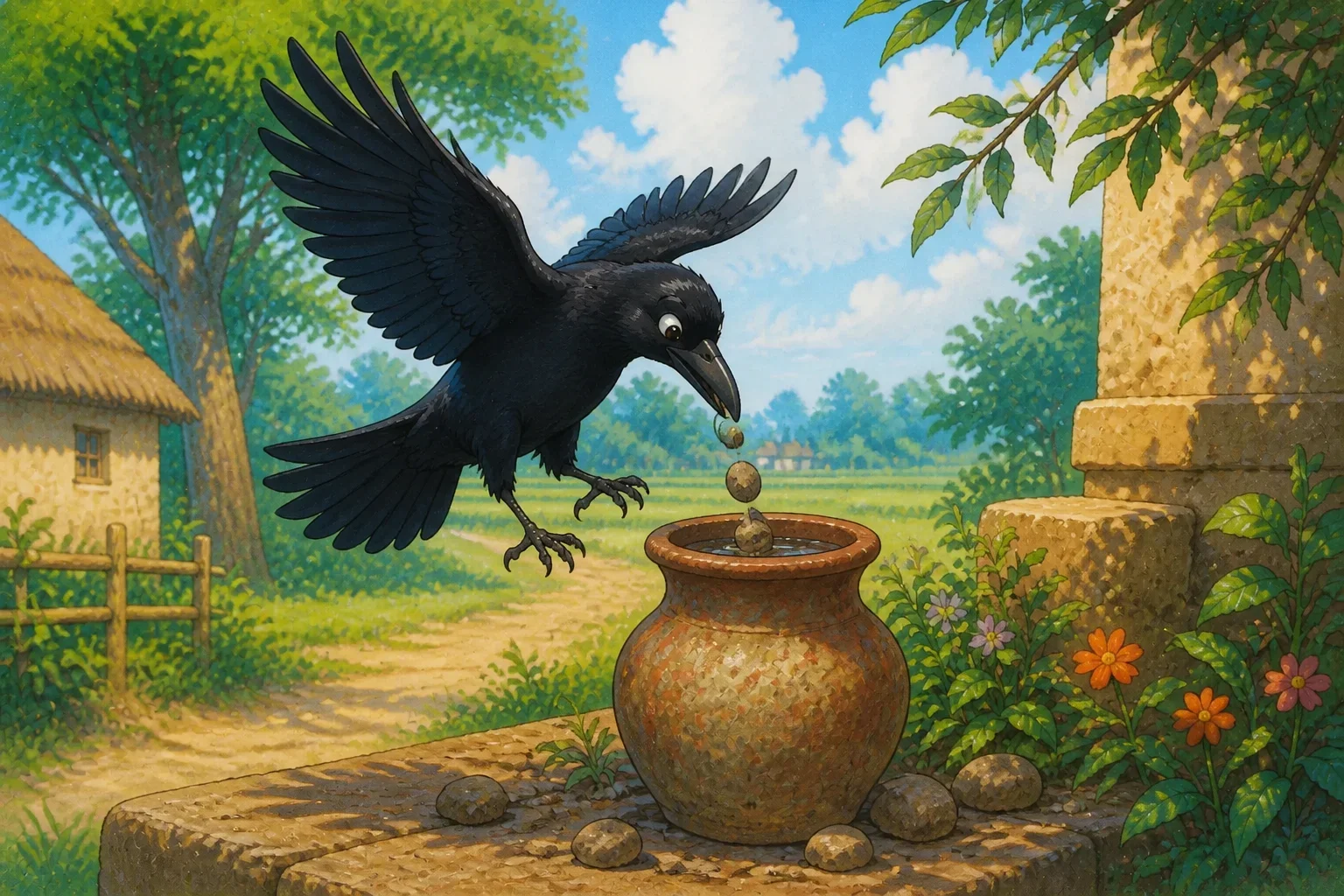 A black crow carefully dropping small pebbles into a pitcher with a little water at the bottom, as part of his clever solution to raise the water level, set in a sunny outdoor environment.