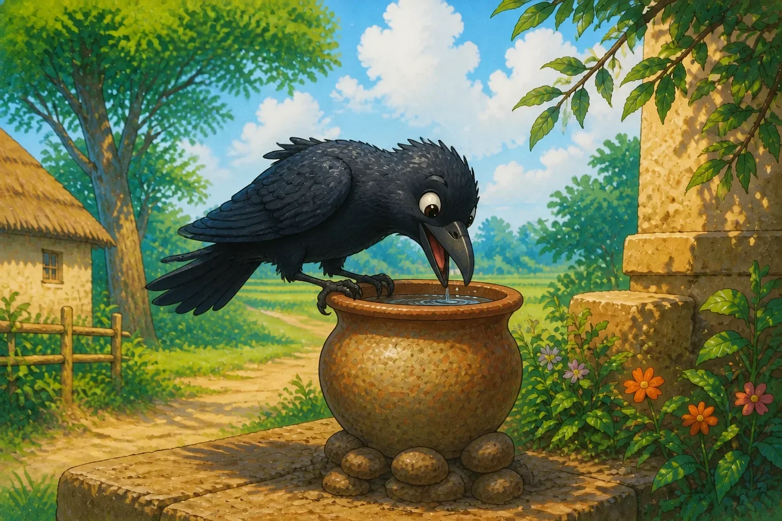 A happy black crow with shiny feathers drinking cool water from a pitcher, feeling triumphant after solving his problem with patience and cleverness.