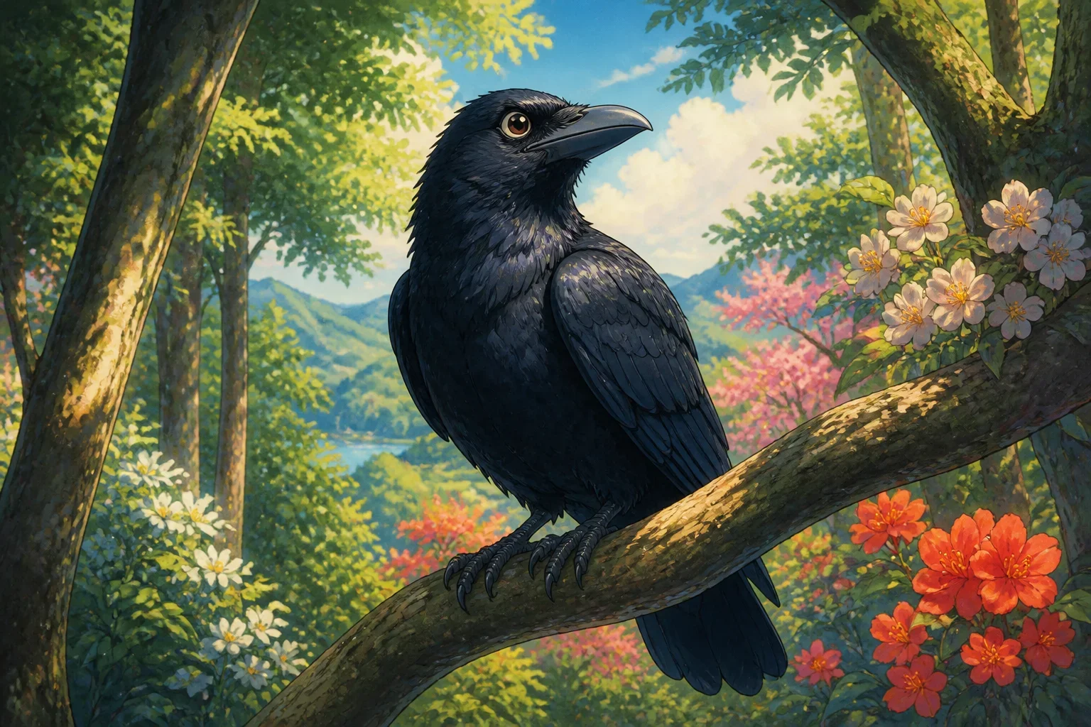 A proud black crow sitting on a high branch of a large tree, looking down at the forest with a proud expression, surrounded by vibrant green leaves and colorful flowers.